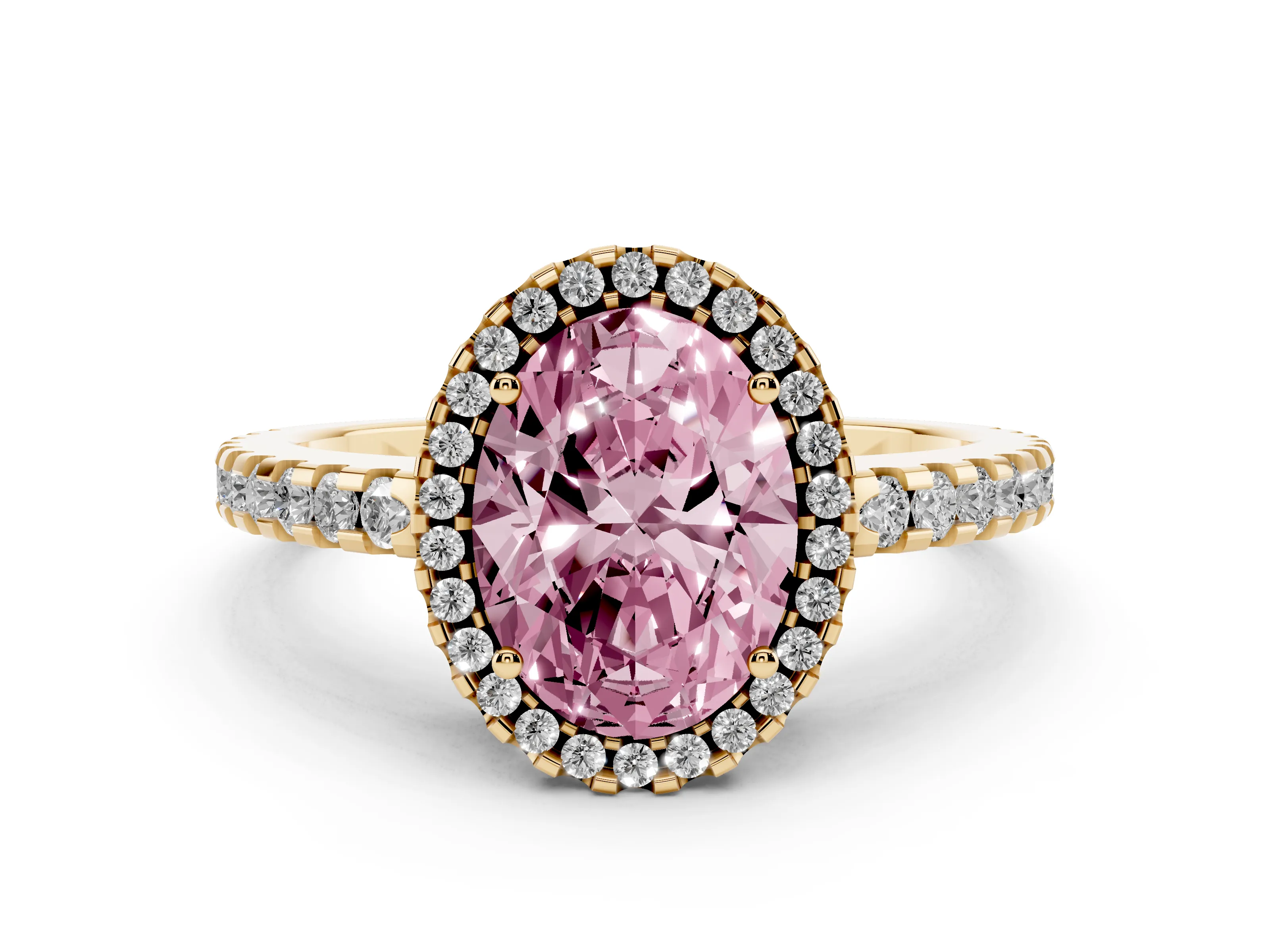 Fancy Pink Oval Cut Diamond Halo Ring Set in Yellow gold with Pavé Shoulders and Halo-Framed Center