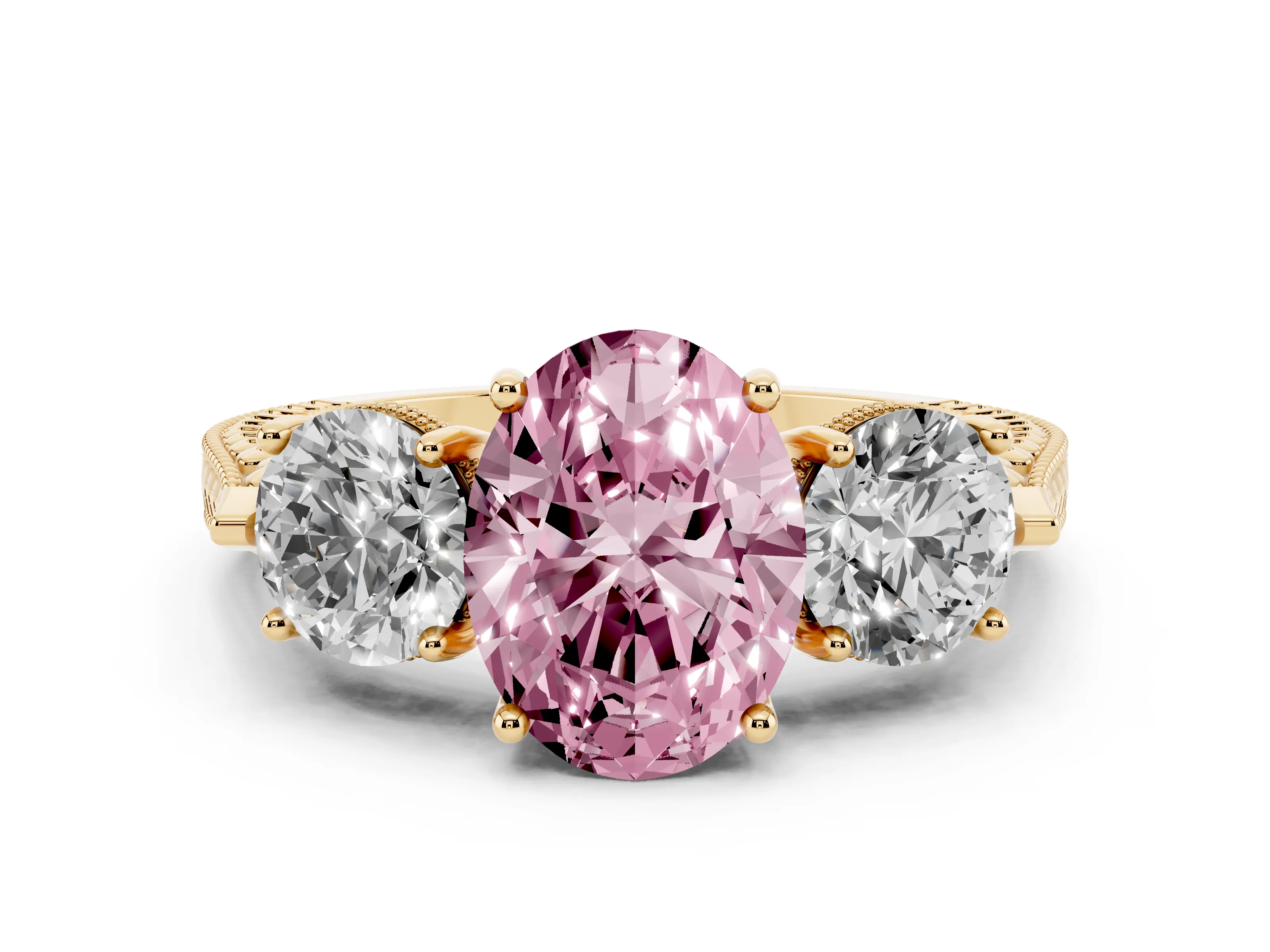 Fancy Pink Oval Cut Diamond Three-Stone Ring Set in Yellow gold with Milgrain Band
