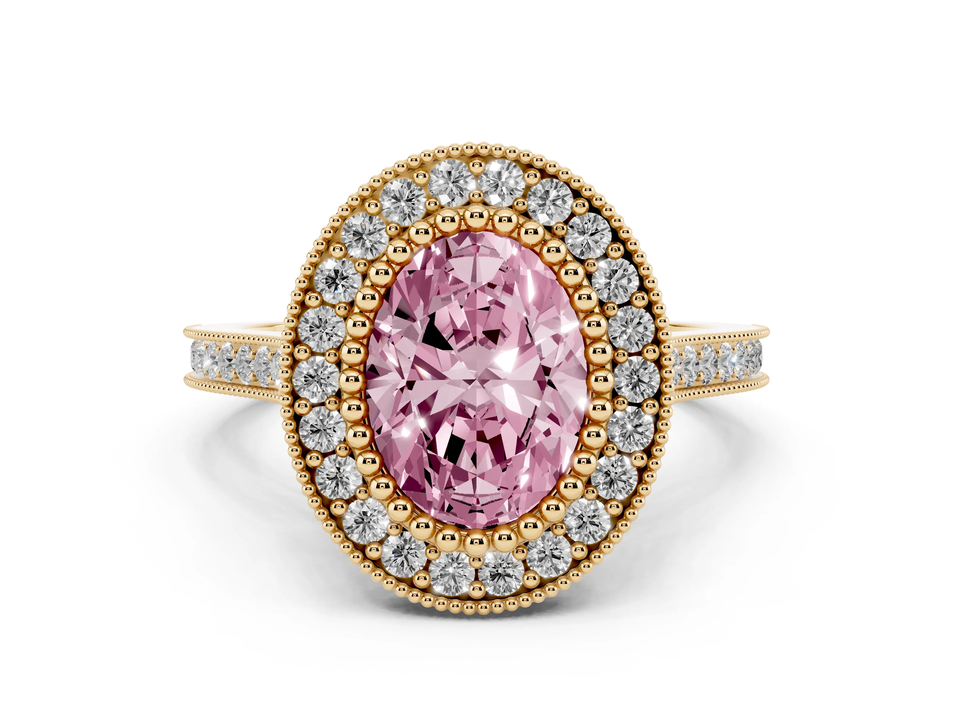 Fancy Pink Oval Cut Diamond Halo Ring Set in Yellow gold with Milgrain Frame and Pavé Band