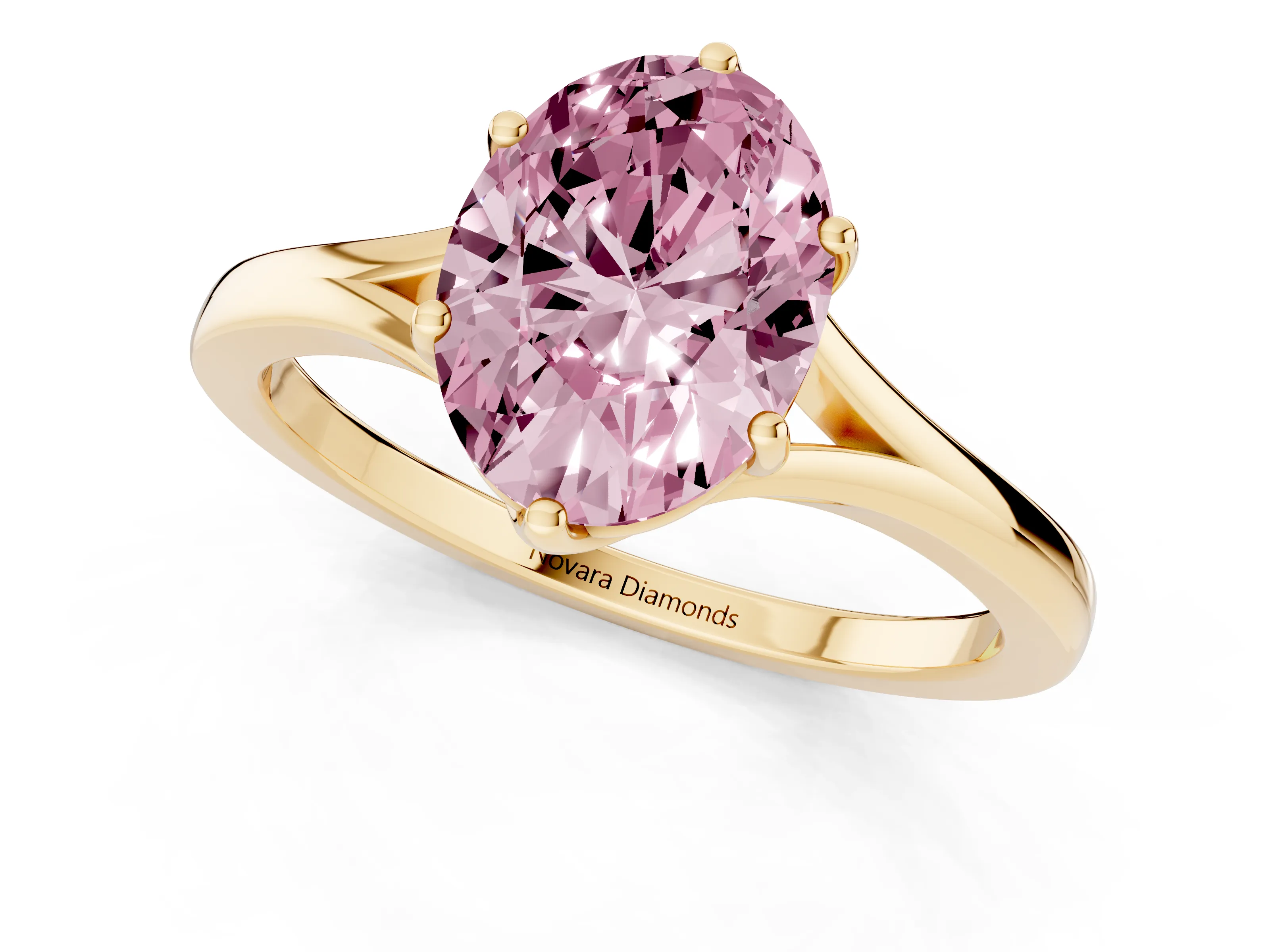 Fancy Pink Oval Cut Diamond Solitaire Ring Set in Yellow gold with Polished Tapered Band and Prong Setting