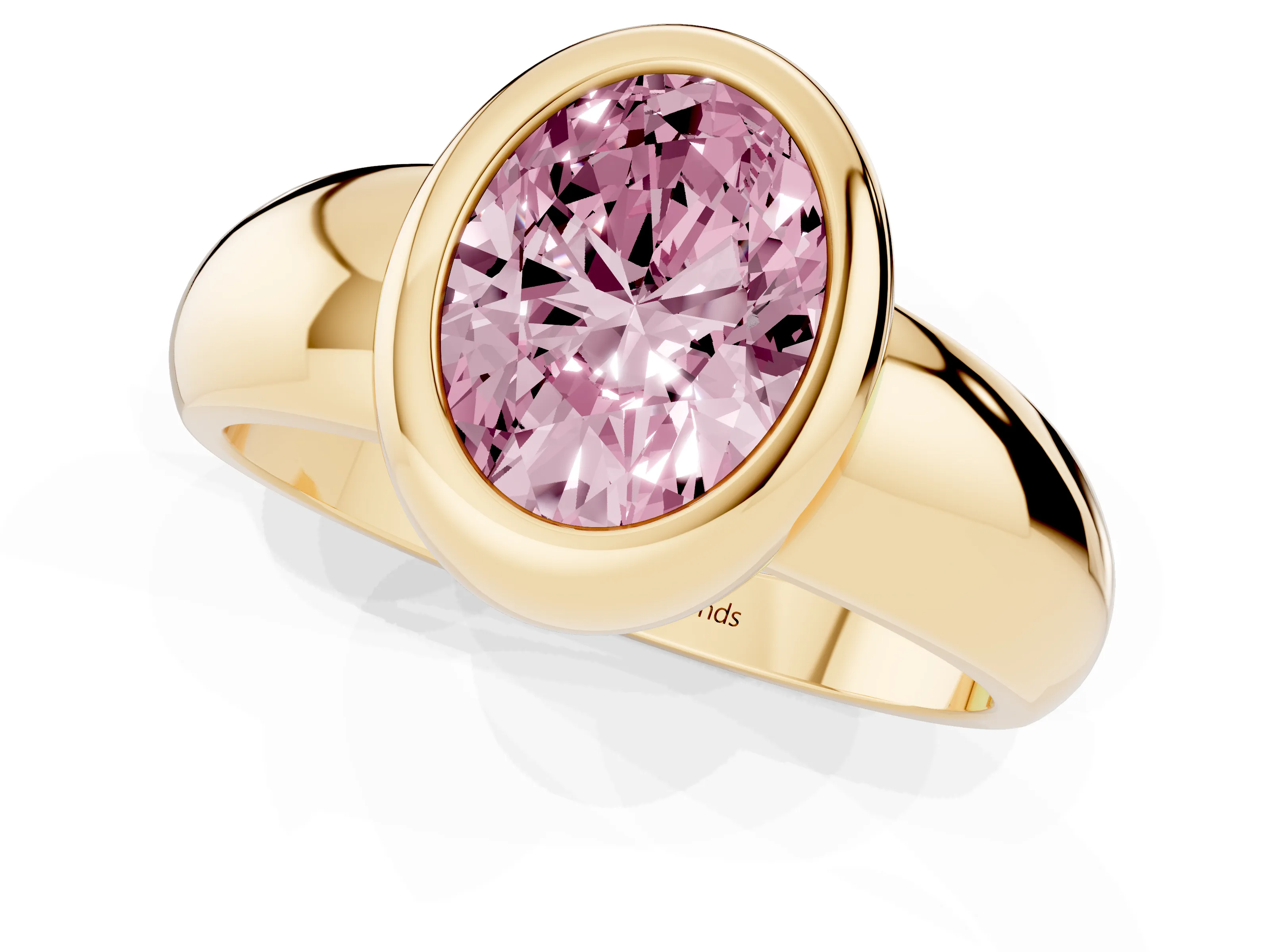 Fancy Pink Bezel Set Oval Cut Diamond Solitaire Ring Set in Yellow gold with Wide Band