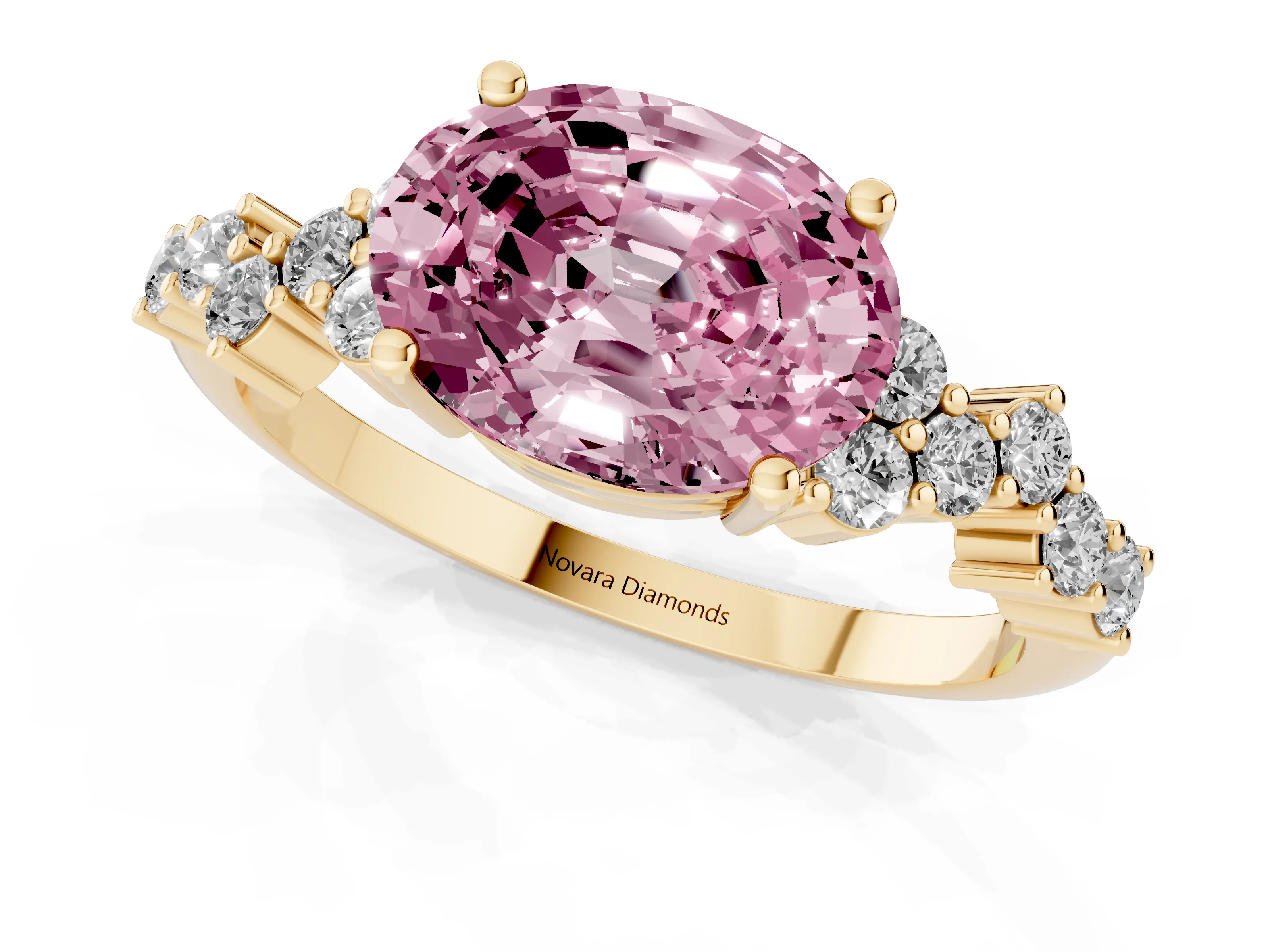 Fancy Pink Oval Cut Diamond Ring Set in Yellow gold with Scattered Round Accents