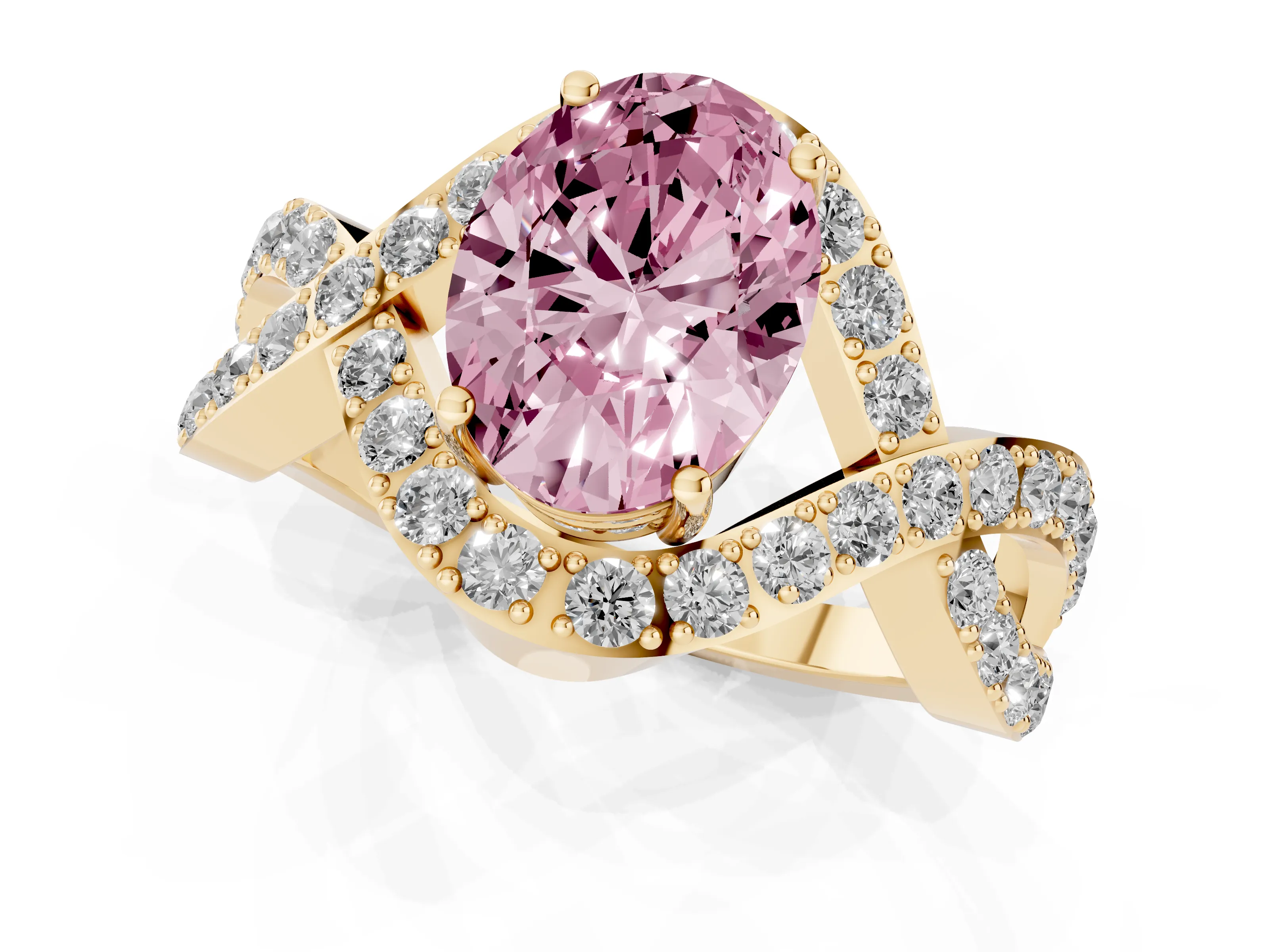 Fancy Pink Oval Cut Diamond Solitaire Twist Band Pavé Engagement Ring Set in Yellow gold