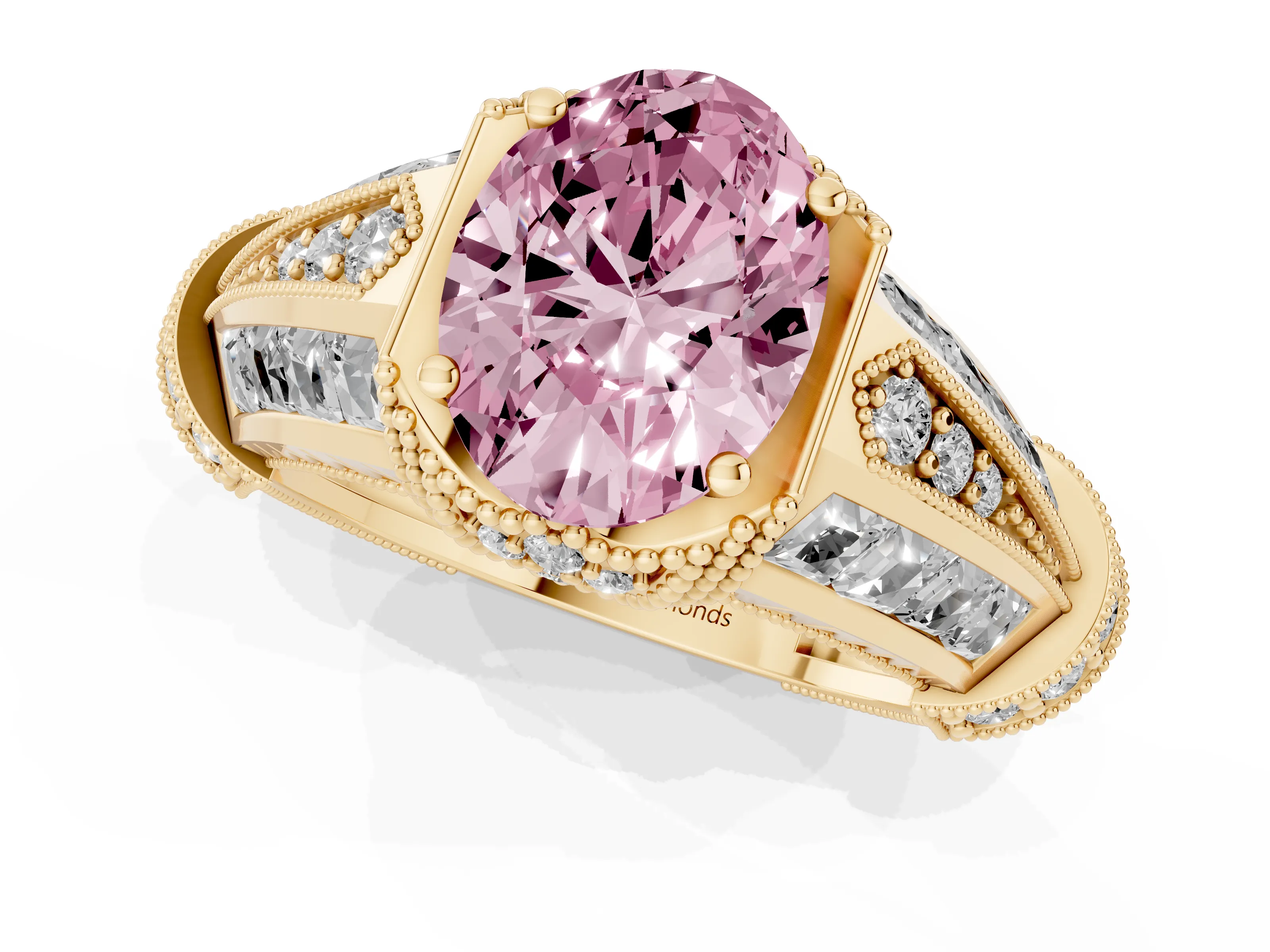 Fancy Pink Oval Cut Diamond Vintage-Inspired Milgrain Ring Set in Yellow gold with Accent Split Shank