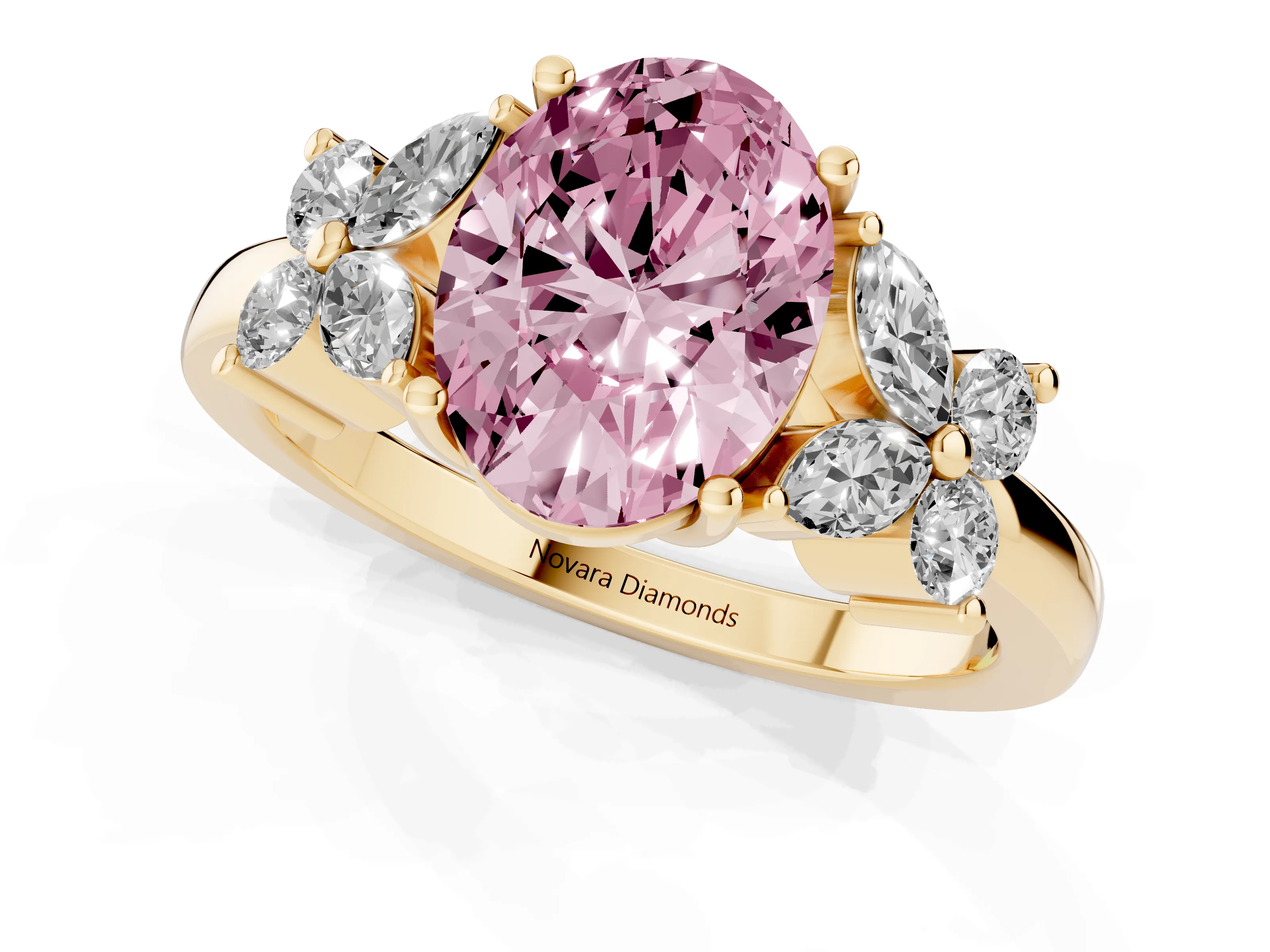 Fancy Pink Oval Cut Diamond Floral Cluster Ring Set in Yellow gold with Marquise Petals and Prong Setting