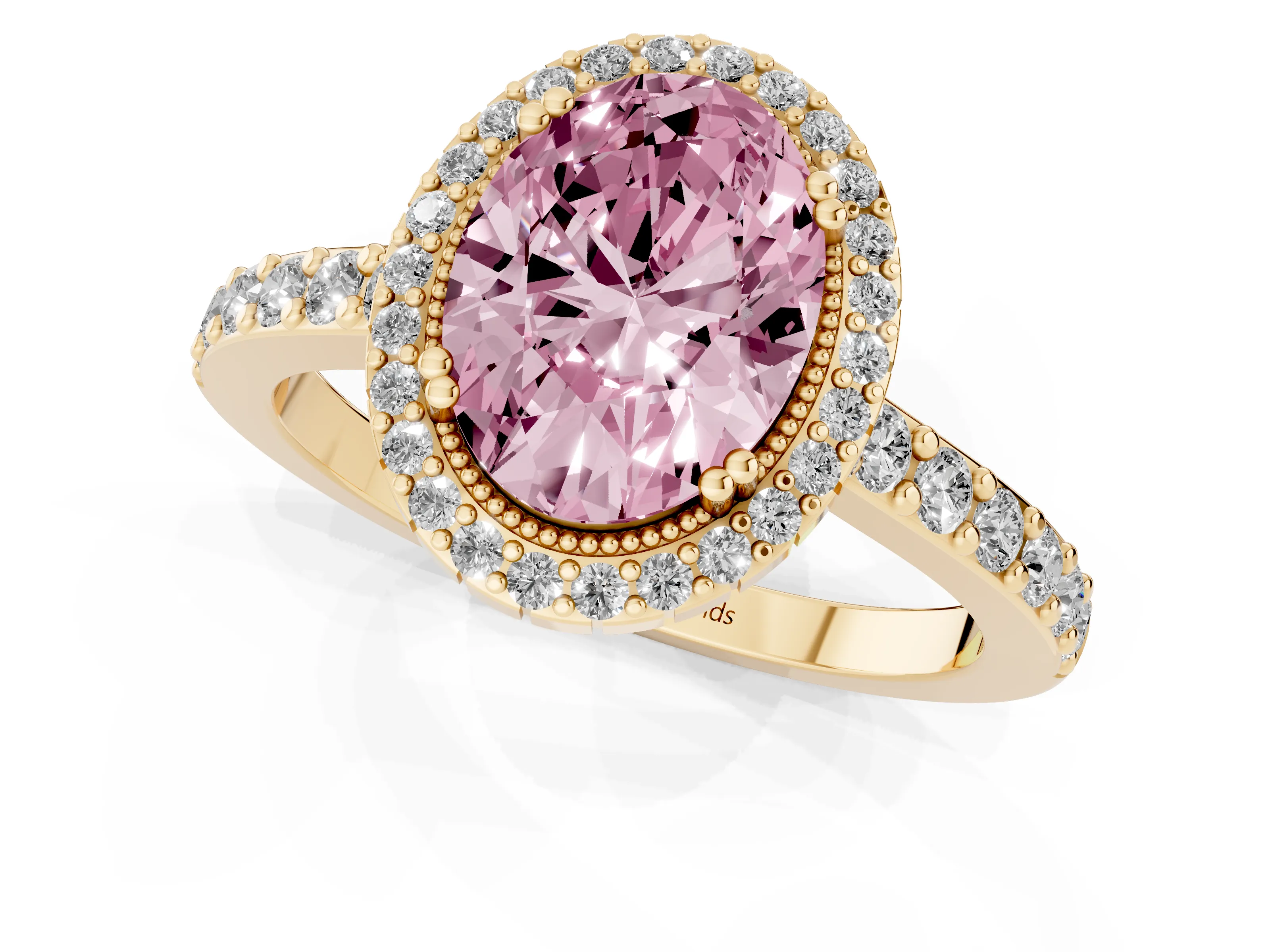 Fancy Pink Oval Cut Diamond Halo Engagement Ring Set in Yellow gold with Milgrain Detail and Pavé Band