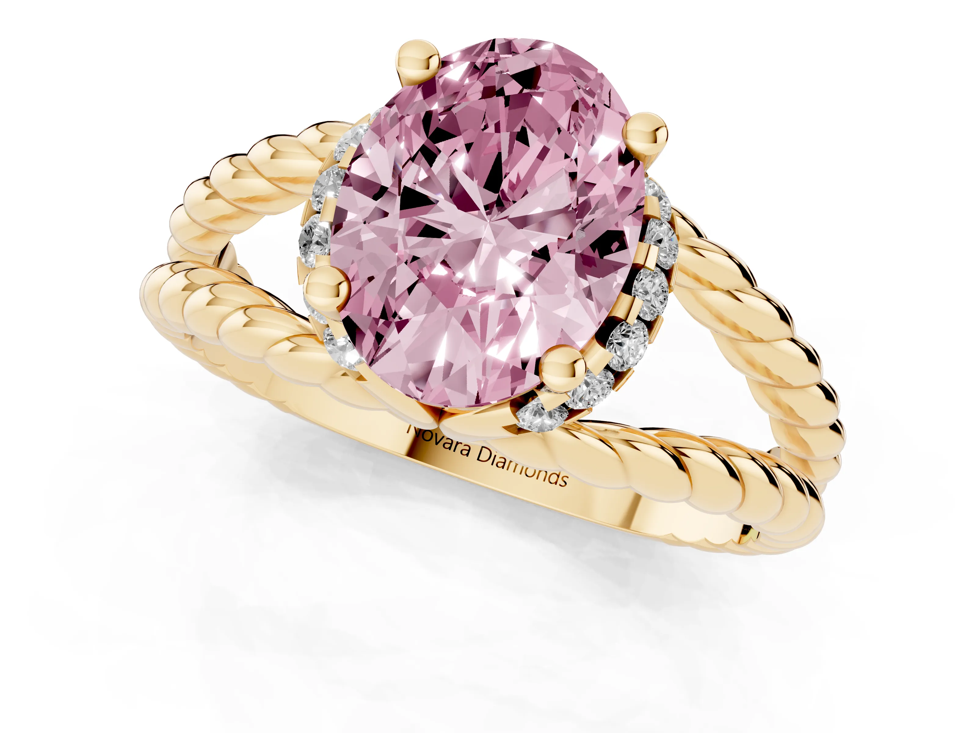Fancy Pink Oval Cut Diamond Halo Ring Set in Yellow gold with Twisted Band and Prong Setting