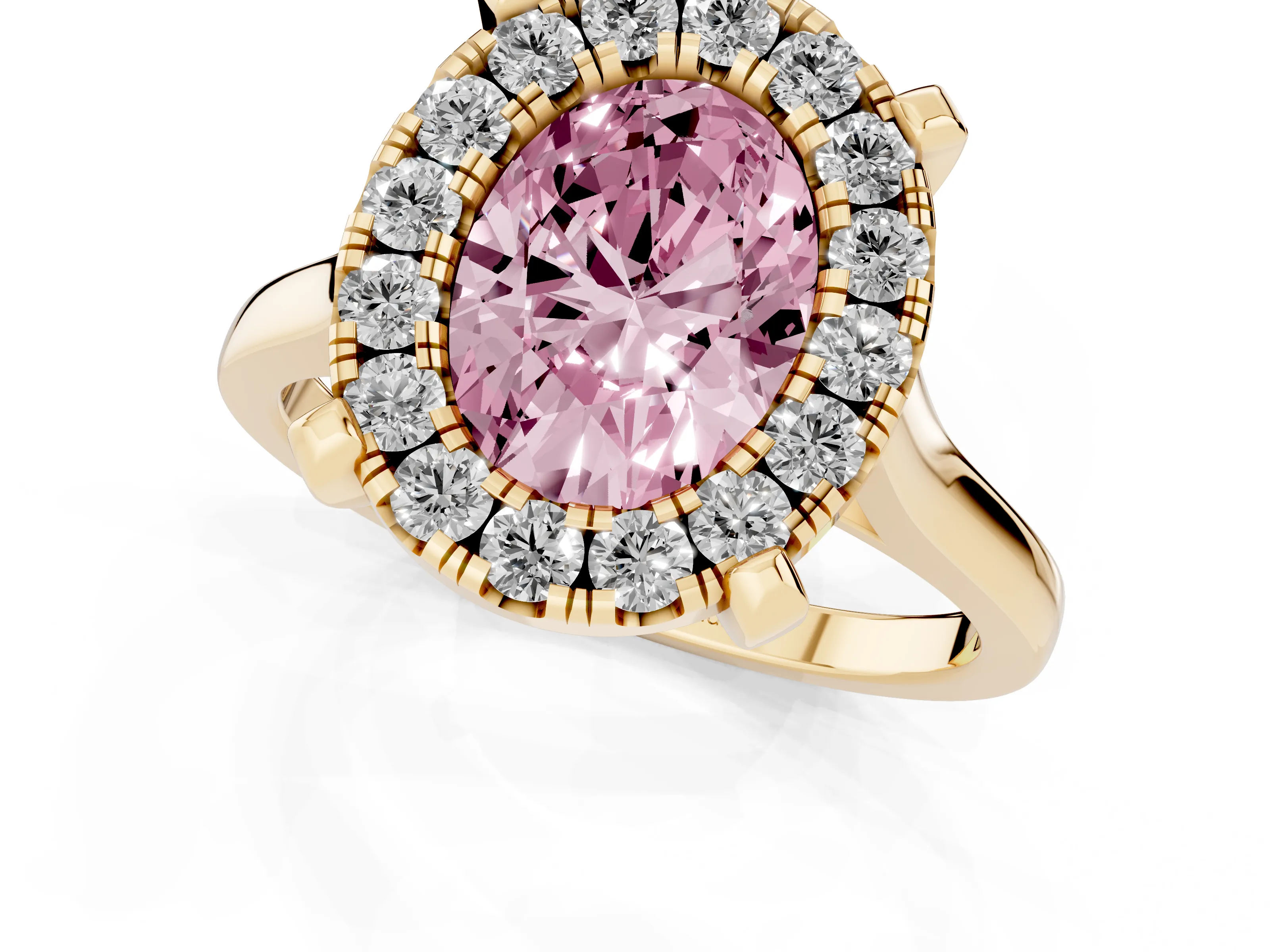 Fancy Pink Oval Cut Diamond Cluster Halo Solitaire Ring Set in Yellow gold with Prong Setting