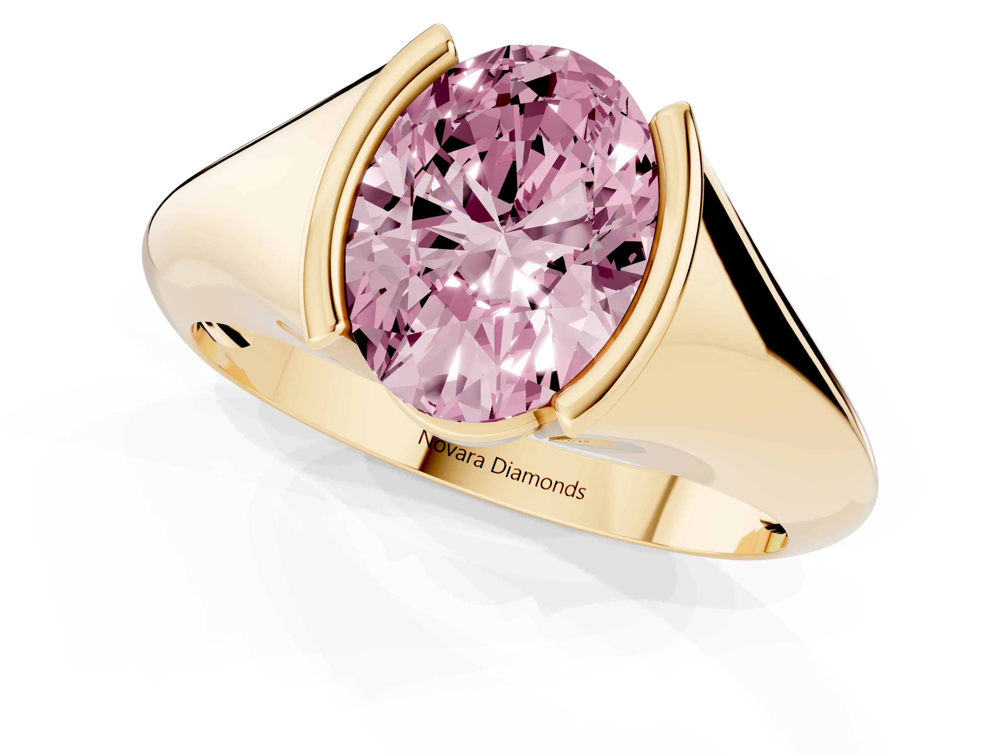 Fancy Pink Oval Cut Diamond Solitaire Tension Set Ring Set in Yellow gold