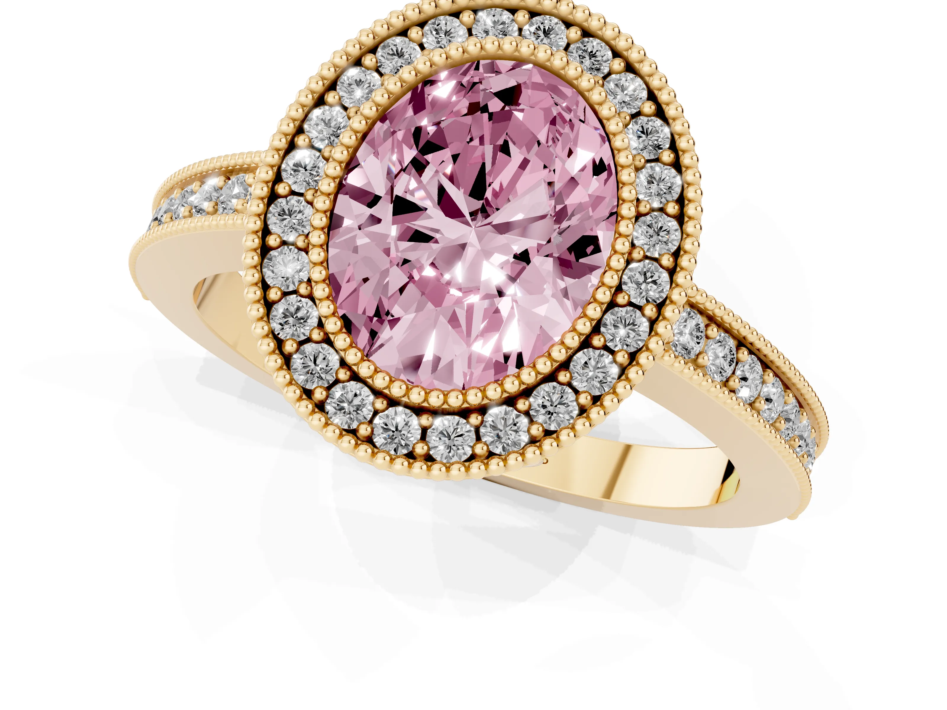 Fancy Pink Oval Cut Diamond Round Halo Ring Set in Yellow gold with Pavé Band