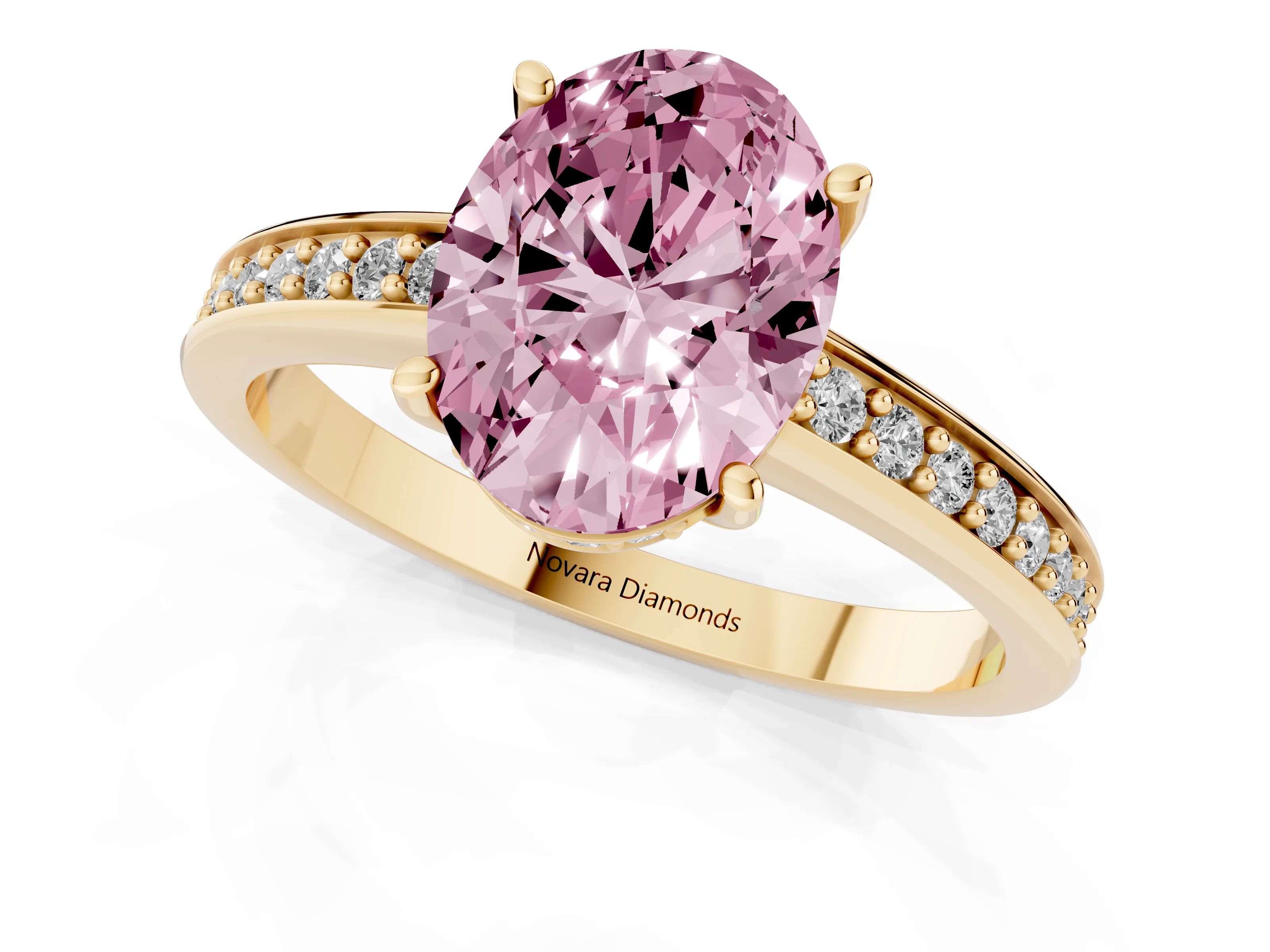 Fancy Pink Oval Cut Diamond Pavé Band Prong Set Solitaire Ring Set in Yellow gold