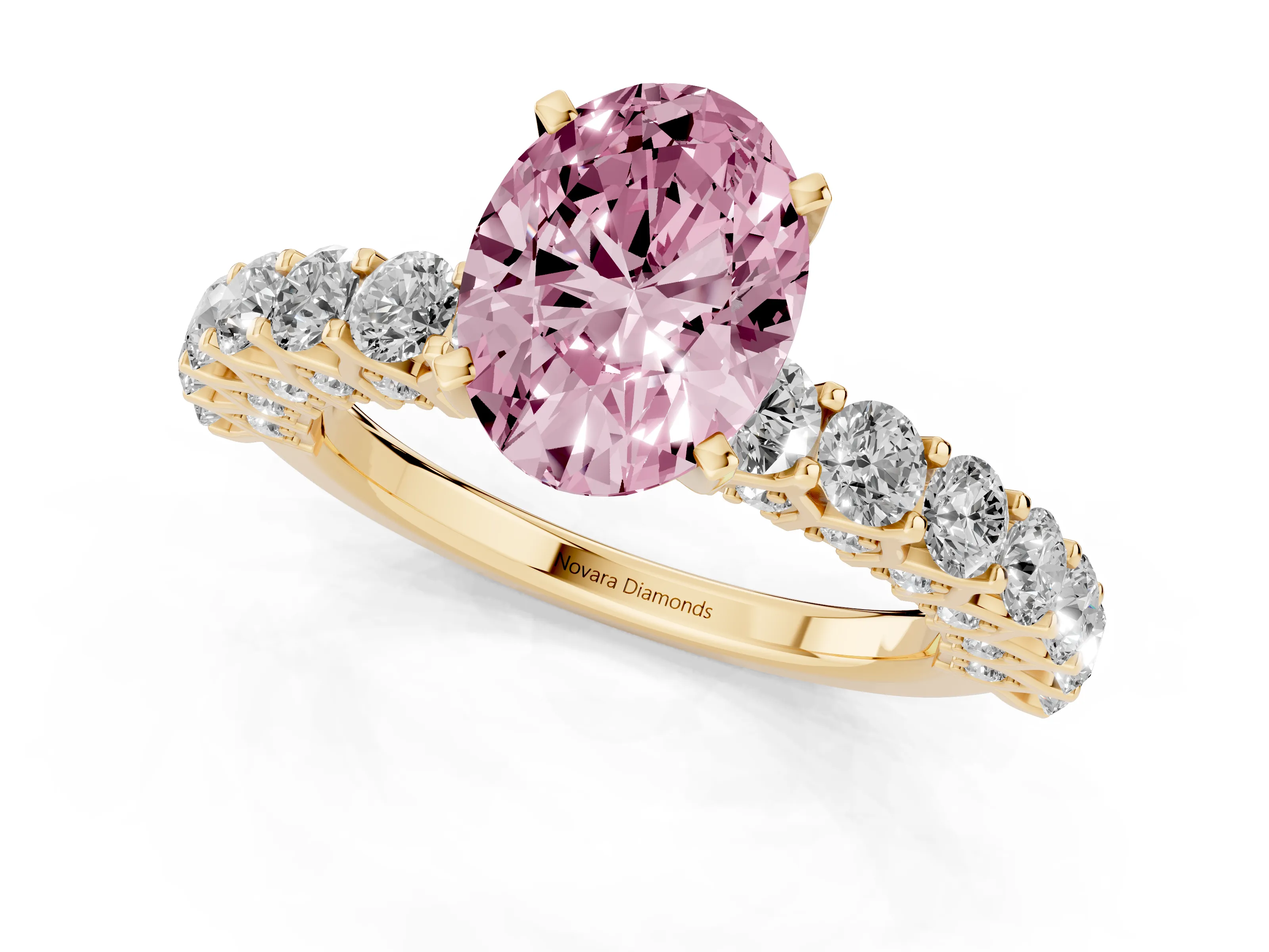 Fancy Pink Oval Cut Diamond Solitaire Ring Set in Yellow gold with Shared Prong Pavé Band