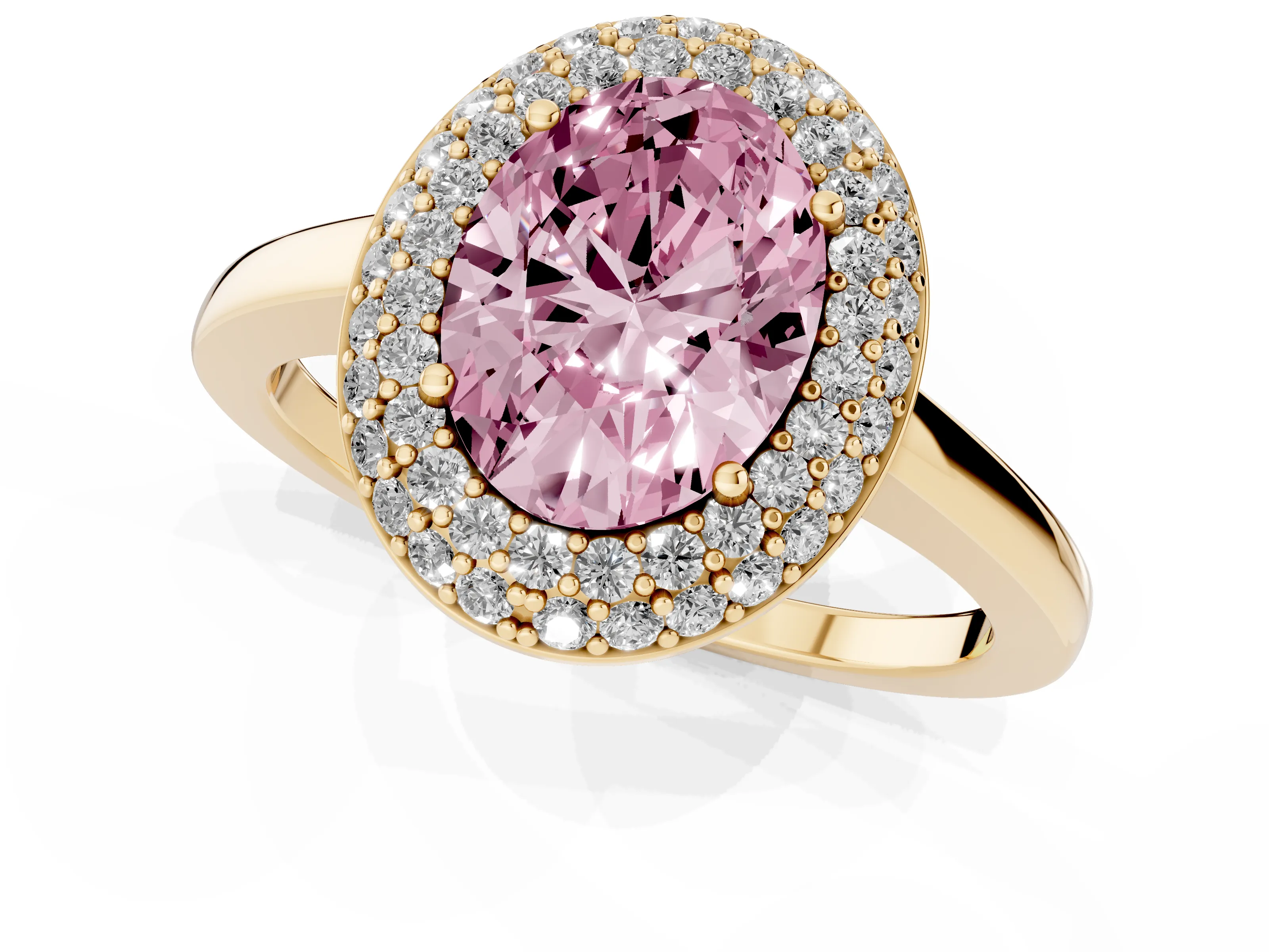 Fancy Pink Oval Cut Diamond Halo Engagement Ring Set in Yellow gold with Solitaire Band and Prong Setting