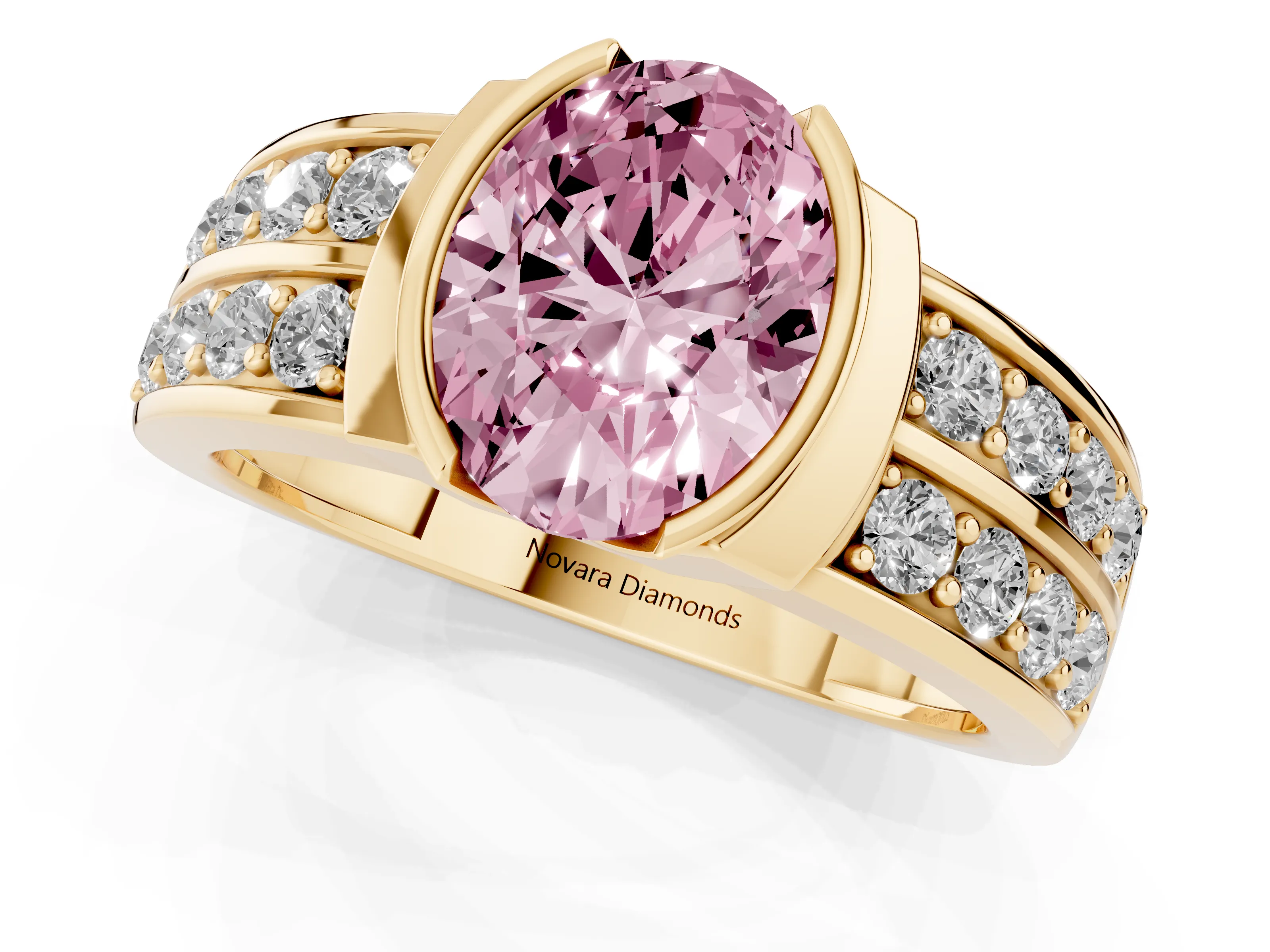Fancy Pink Oval Cut Diamond Wide Channel Set Band Ring Set in Yellow gold with Bezel Setting