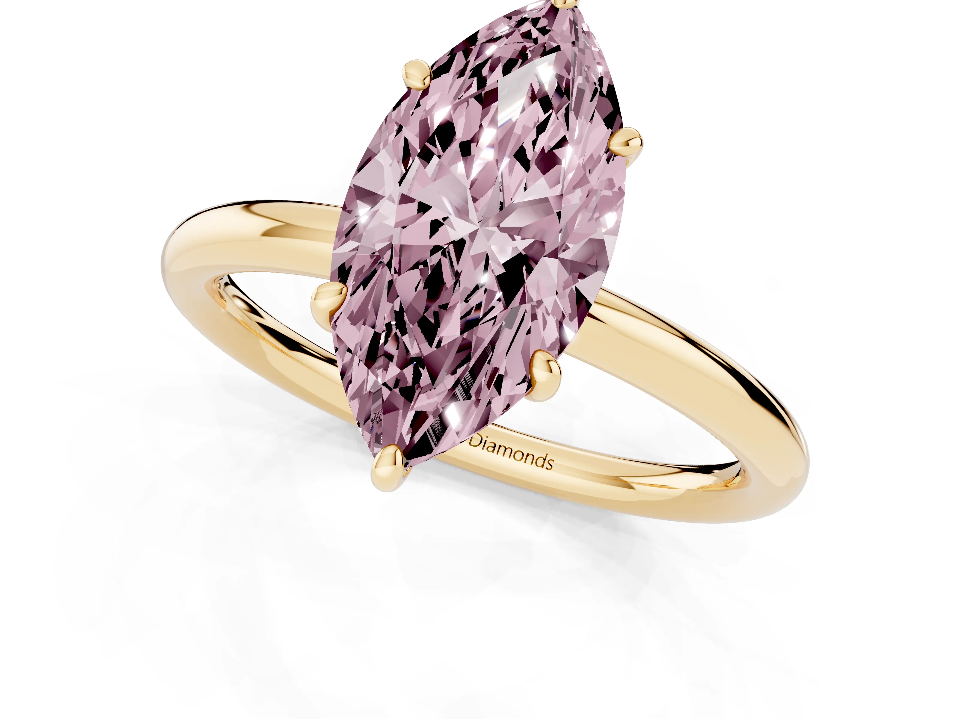 Fancy Pink Oval Cut Diamond Solitaire Ring Set in Yellow gold with Prong Setting on a Polished Plain Band