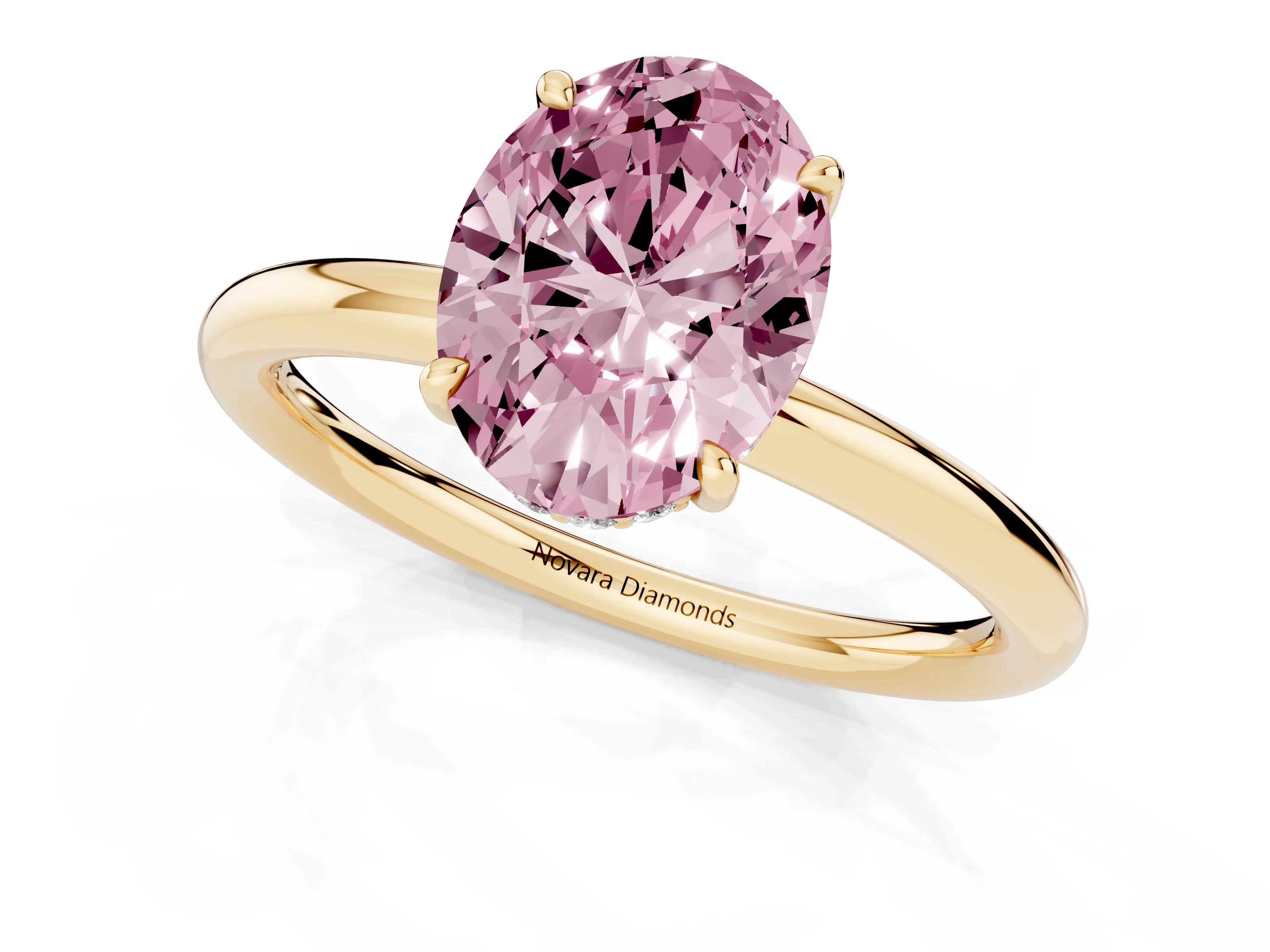 Fancy Pink Oval Cut Diamond Solitaire Ring Set in Yellow gold with Thin Band and Prong Setting