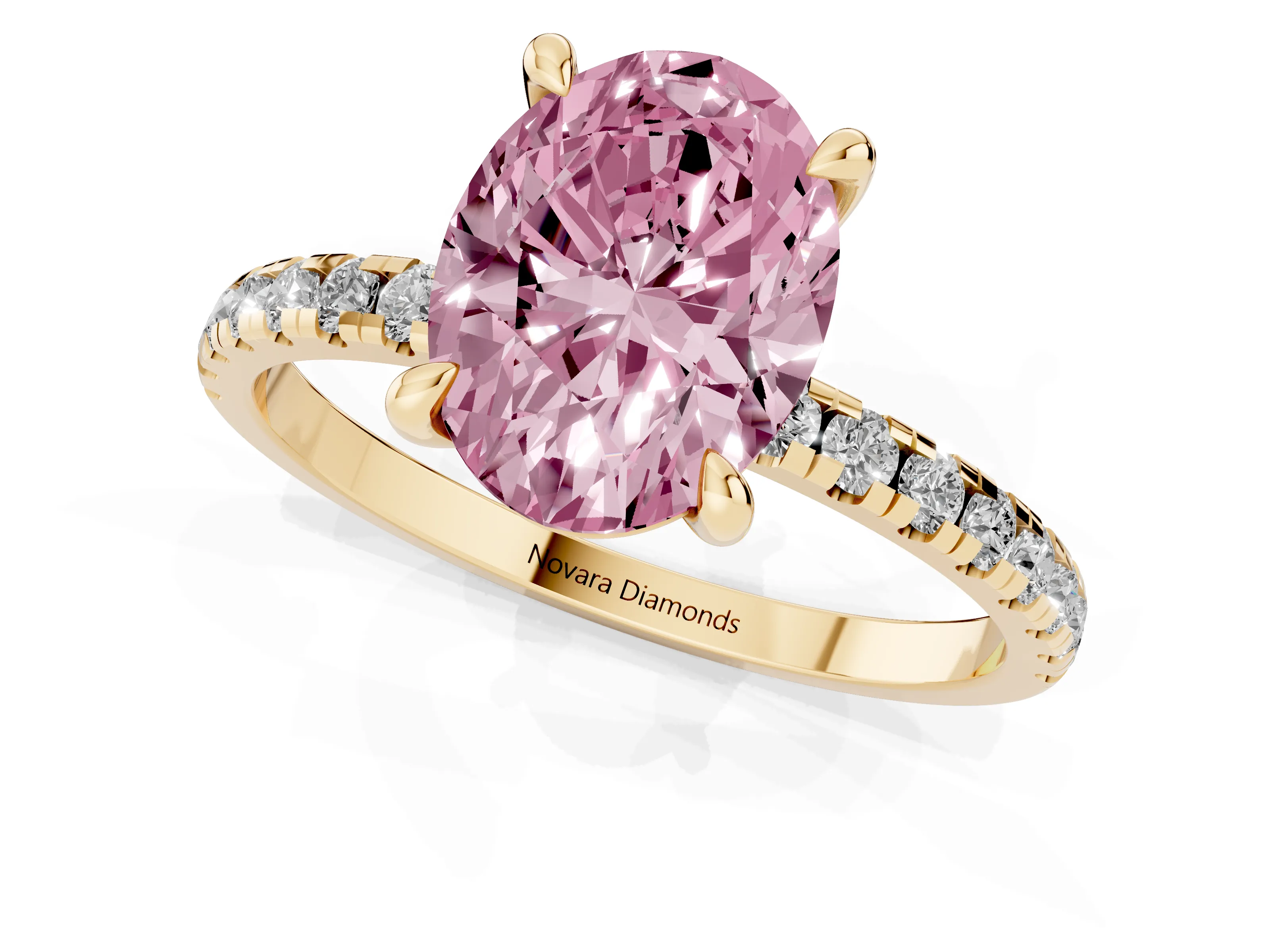 Fancy Pink Oval Cut Diamond Brilliant Solitaire Ring Set in Yellow gold with Pavé Band and Prong Setting