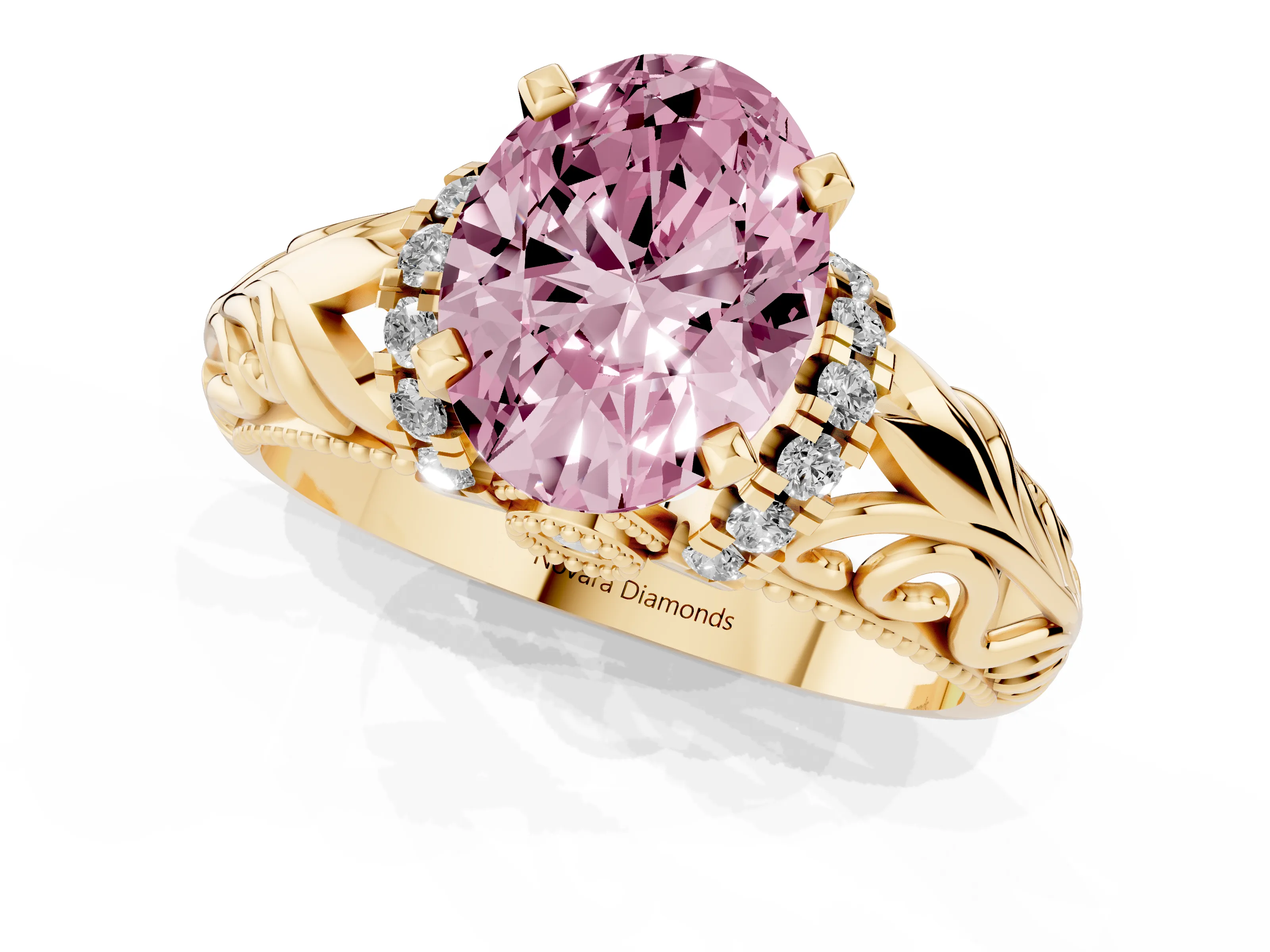 Fancy Pink Oval Cut Diamond Filigree Halo Engagement Ring Set in Yellow gold with Prong Setting