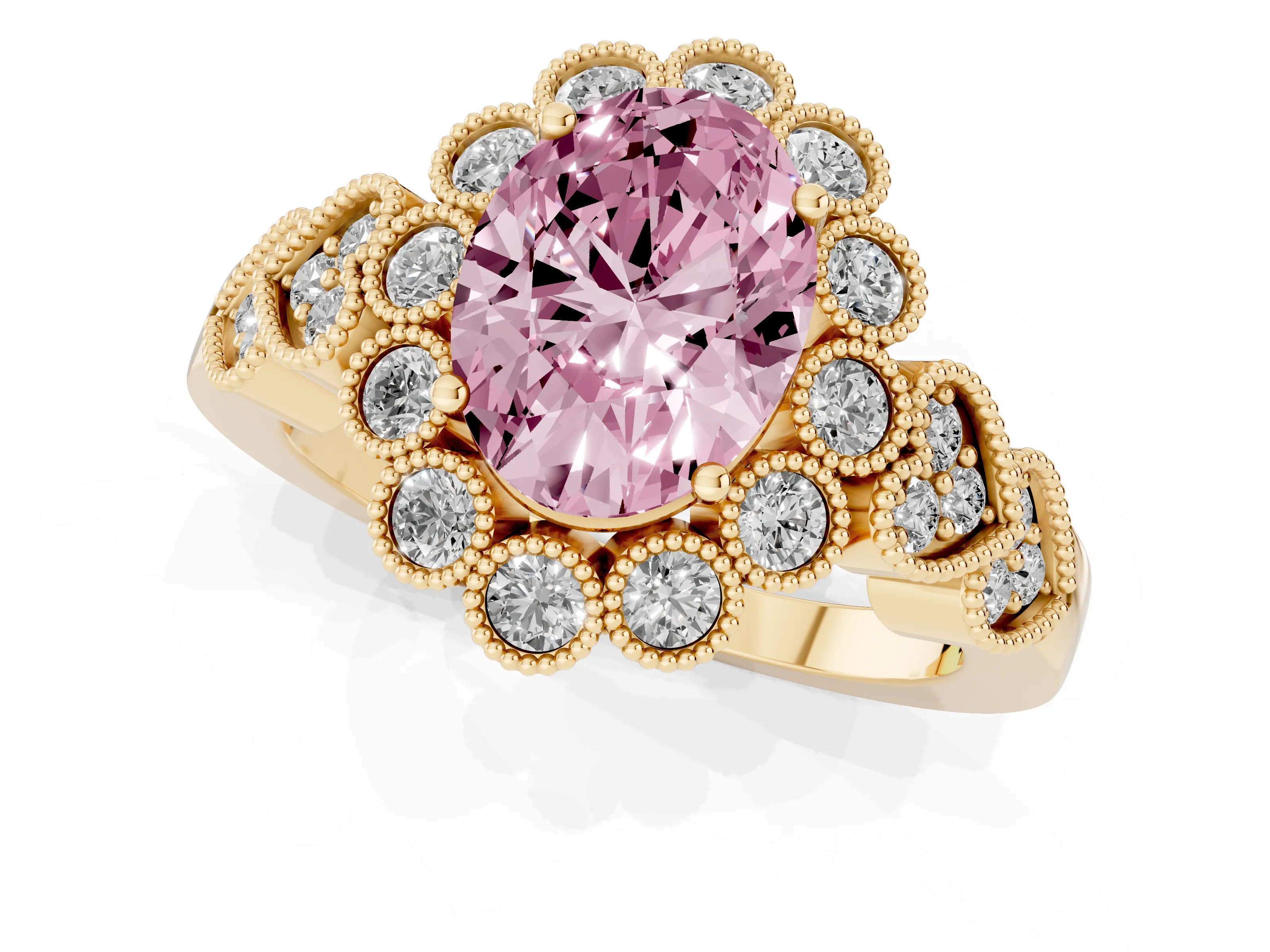Fancy Pink Oval Cut Diamond Solitaire Ring Set in Yellow gold with Milgrain Pavé Heart Band