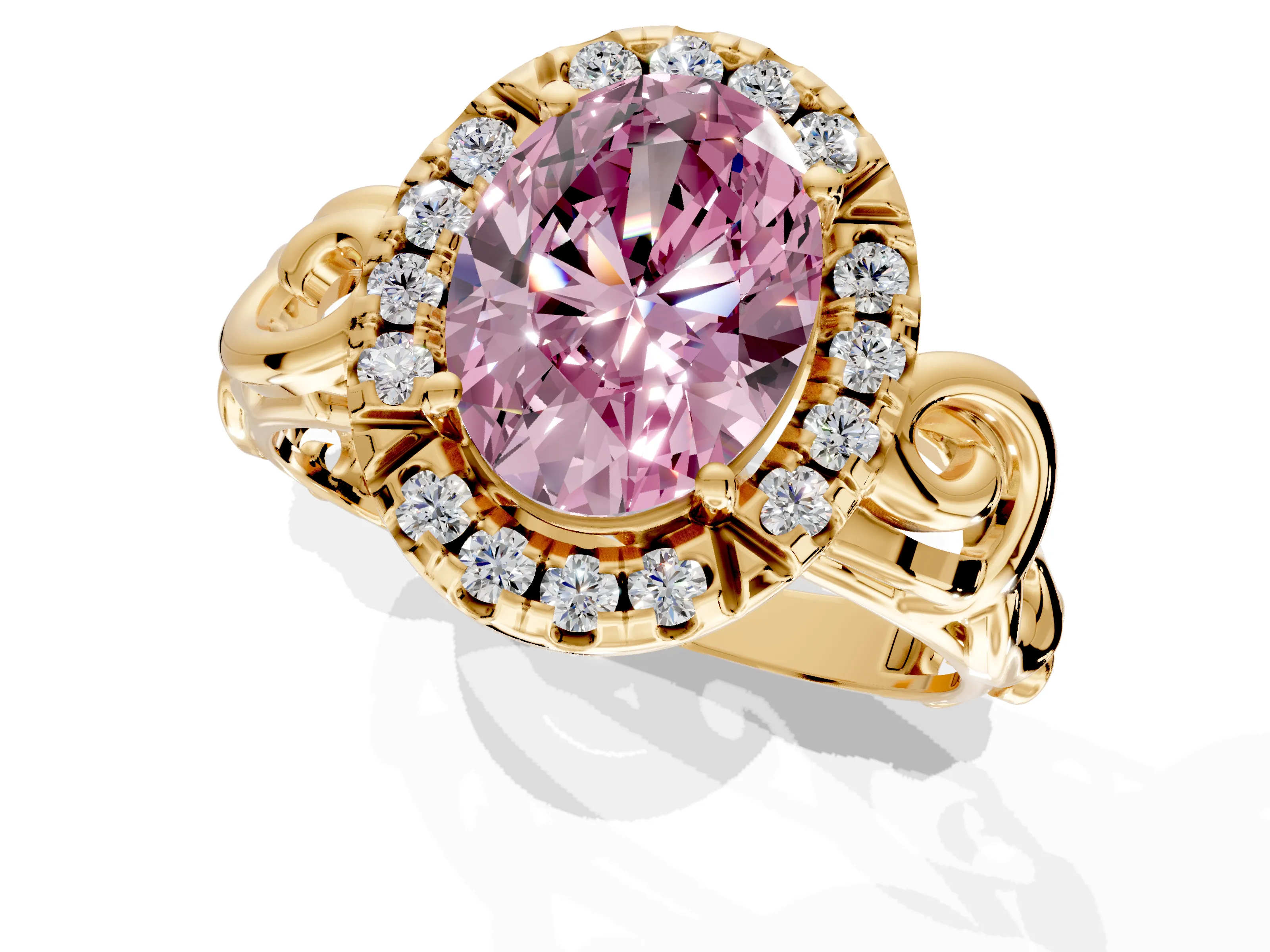 Halo Engagement Ring Setting for Fancy Pink Oval Center with Open Scroll Shoulders and Prong Head in Yellow Gold