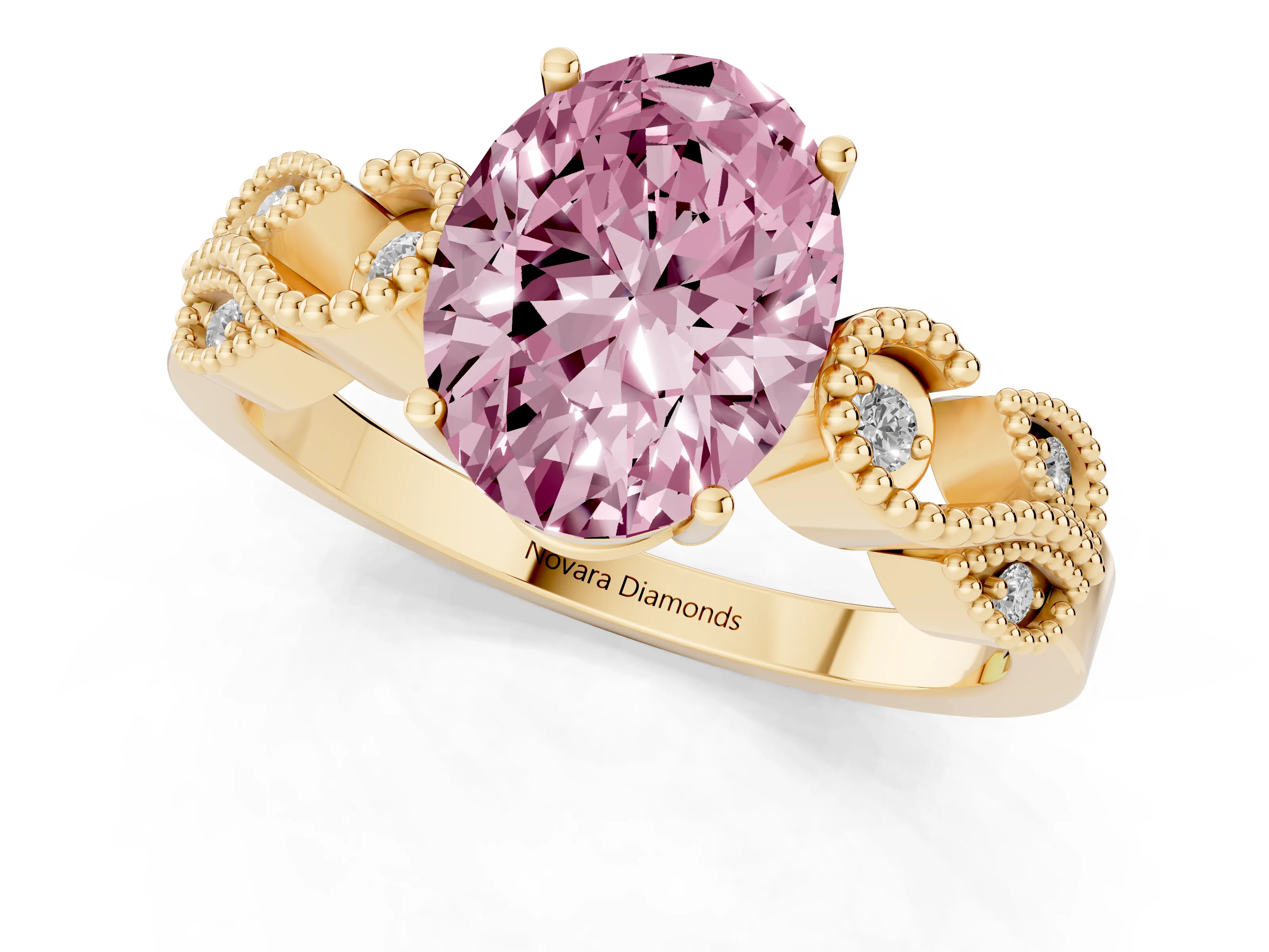 Fancy Pink Oval Cut Diamond Milgrain Leaf Band Solitaire Ring Set in Yellow gold with Accent Stones and Prong Setting