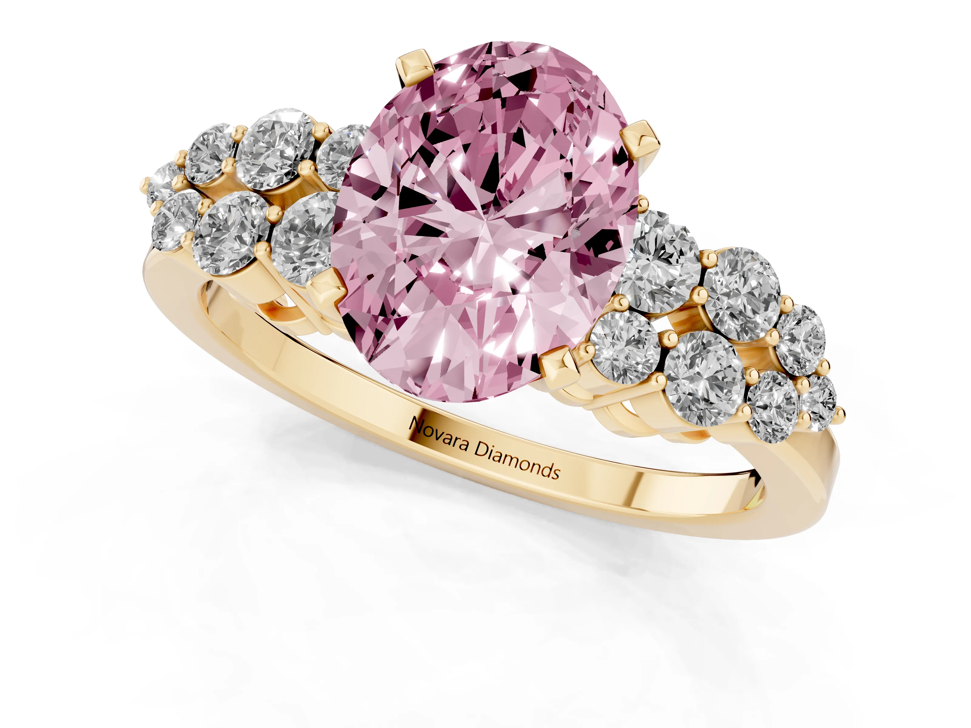 Fancy Pink Oval Cut Diamond Cluster Engagement Ring Set in Yellow gold with Pavé Band and Prong Setting