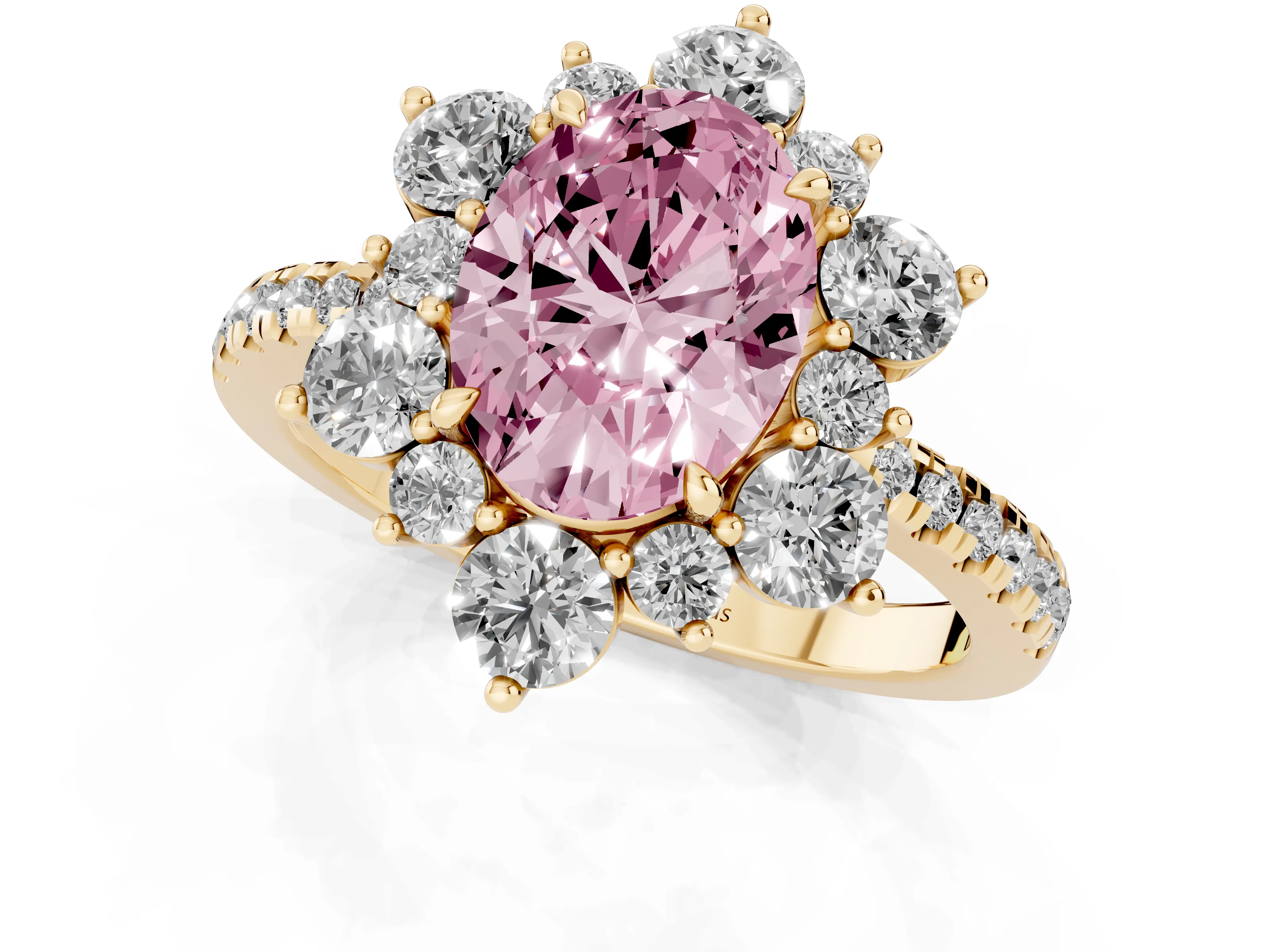Fancy Pink Oval Cut Diamond Floral Halo Ring Set in Yellow gold with Round Pavé Band and Prong Setting