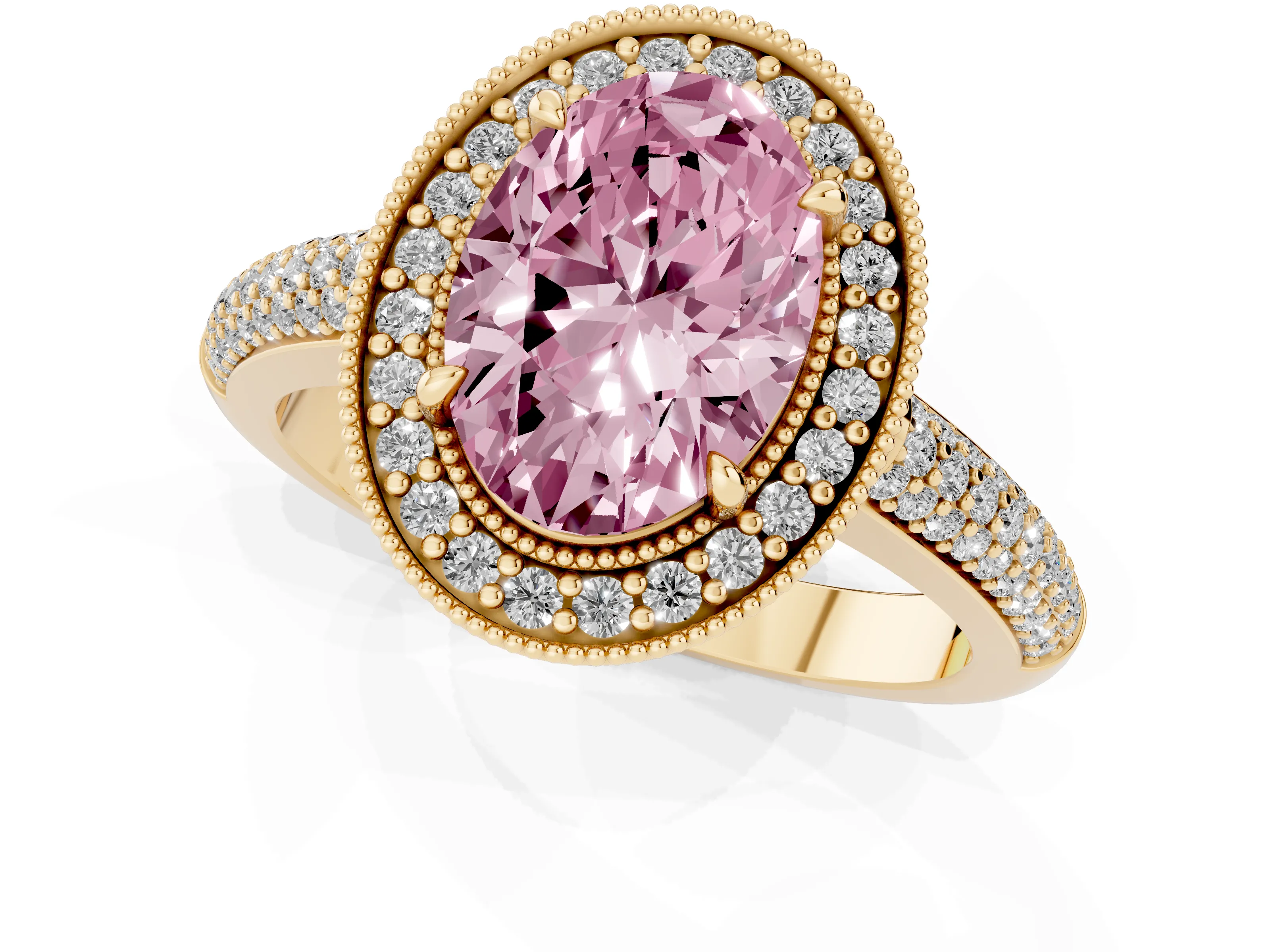 Fancy Pink Oval Cut Diamond Halo Pavé Band Set in Yellow gold with Prong Setting