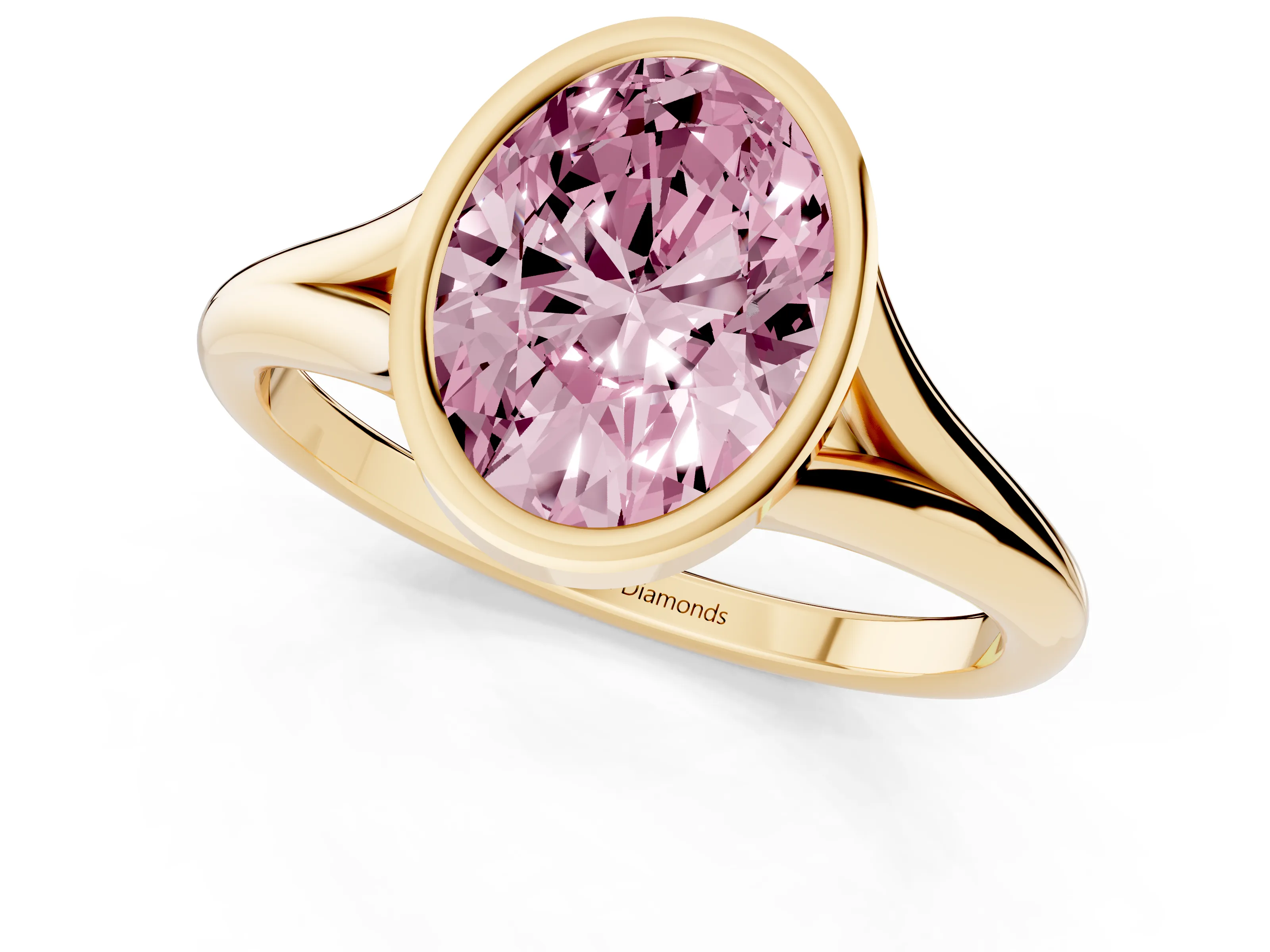Fancy Pink Bezel Set Oval Cut Diamond Solitaire Ring Set in Yellow gold with Tapered Band