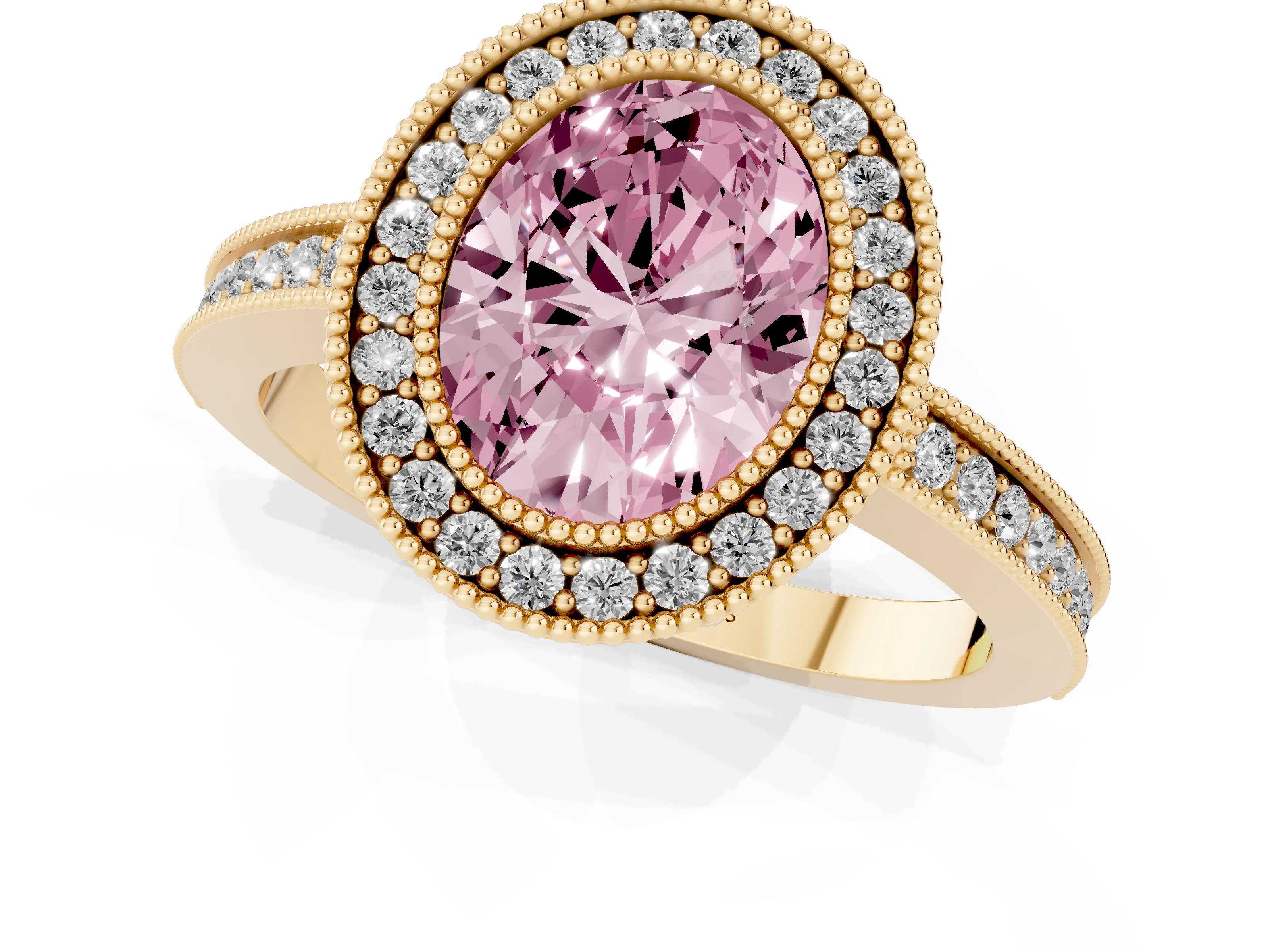 Fancy Pink Oval Cut Diamond Halo Ring Set in Yellow gold with Pavé Band and Milgrain-Edged Prongs