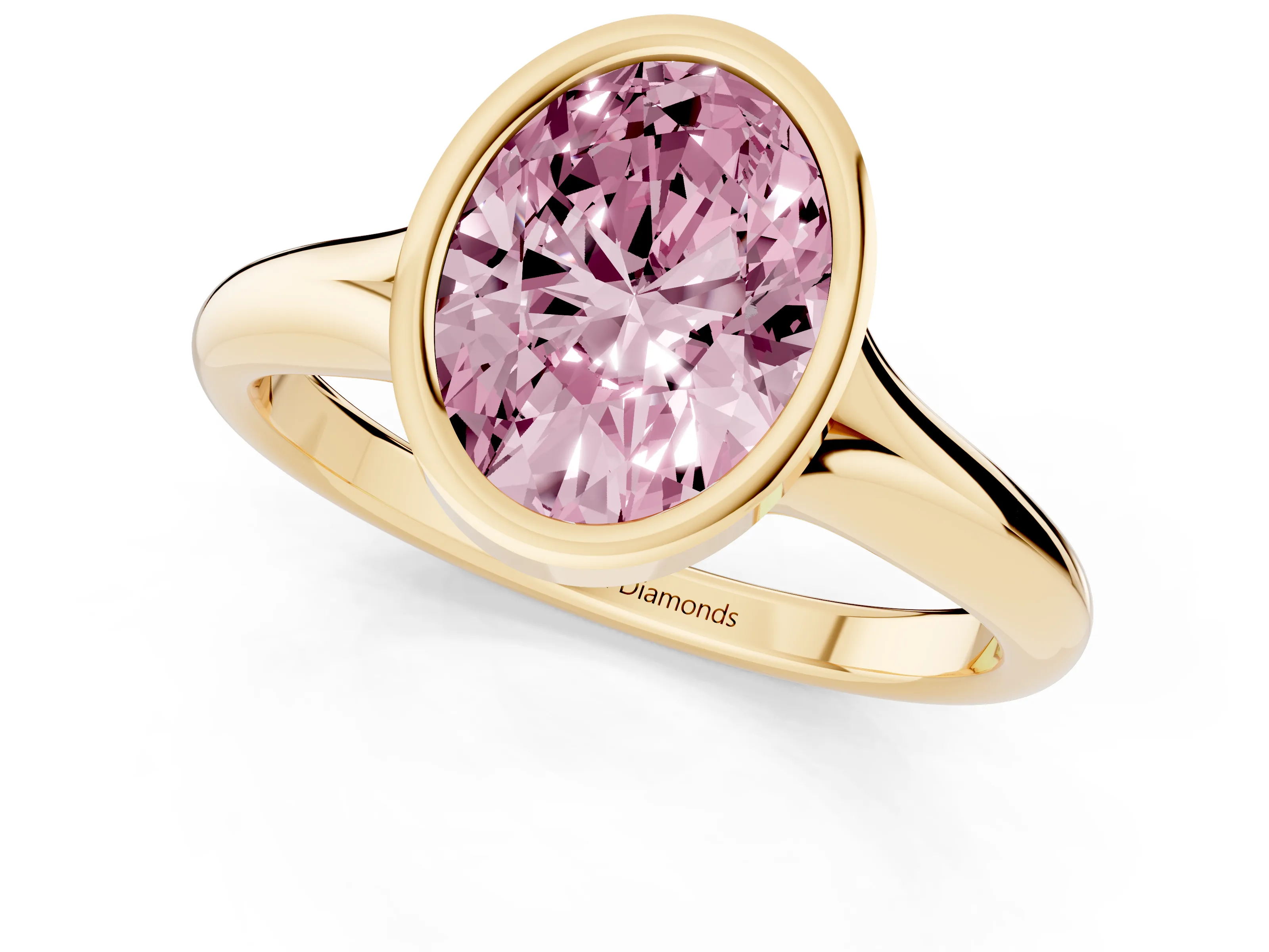 Fancy Pink Bezel Set Oval Cut Diamond Solitaire Ring Set in Yellow gold with Smooth Band