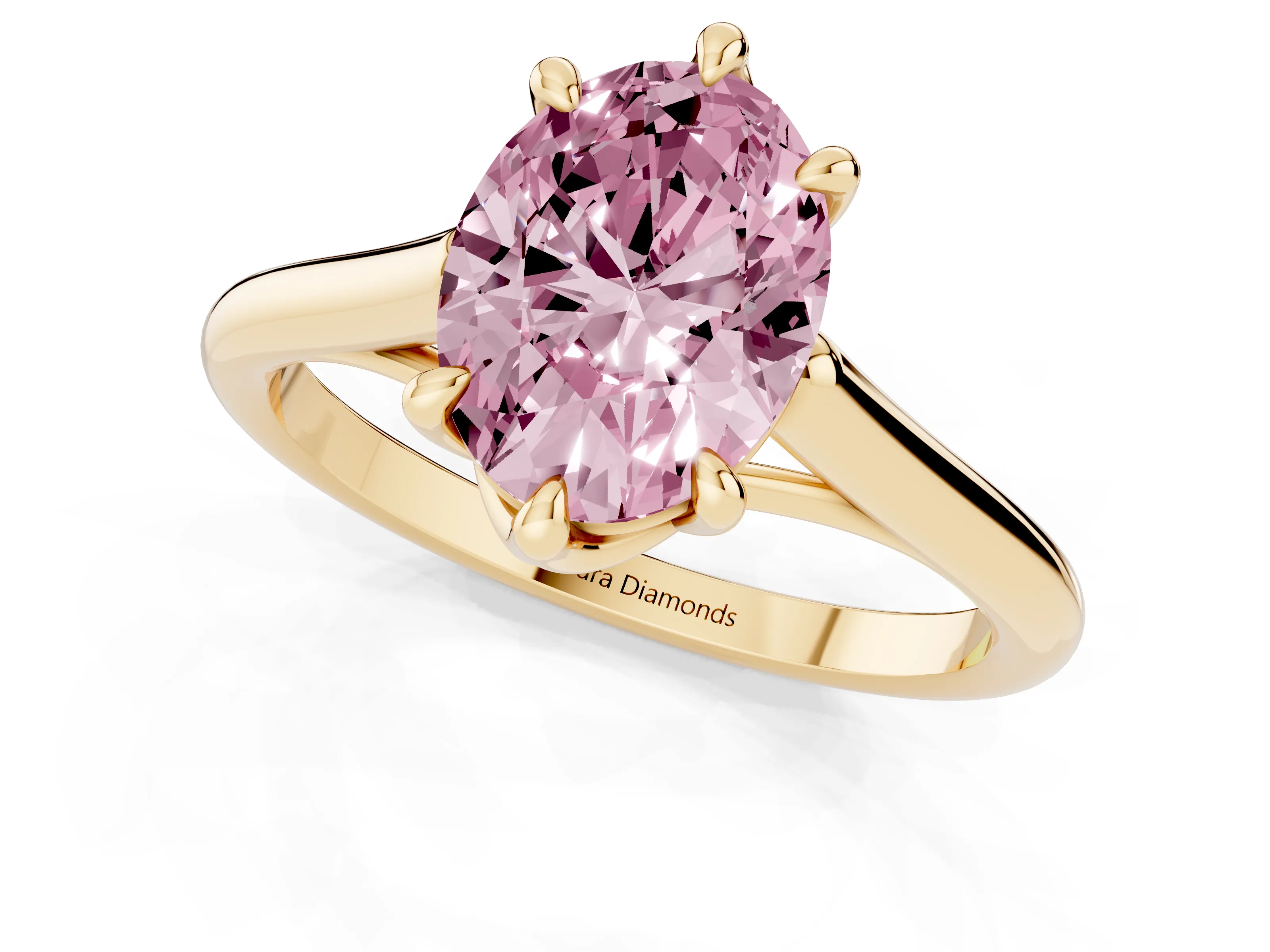 Fancy Pink Oval Cut Diamond Solitaire Engagement Ring Set in Yellow gold with Prong Setting and Plain Classic Band