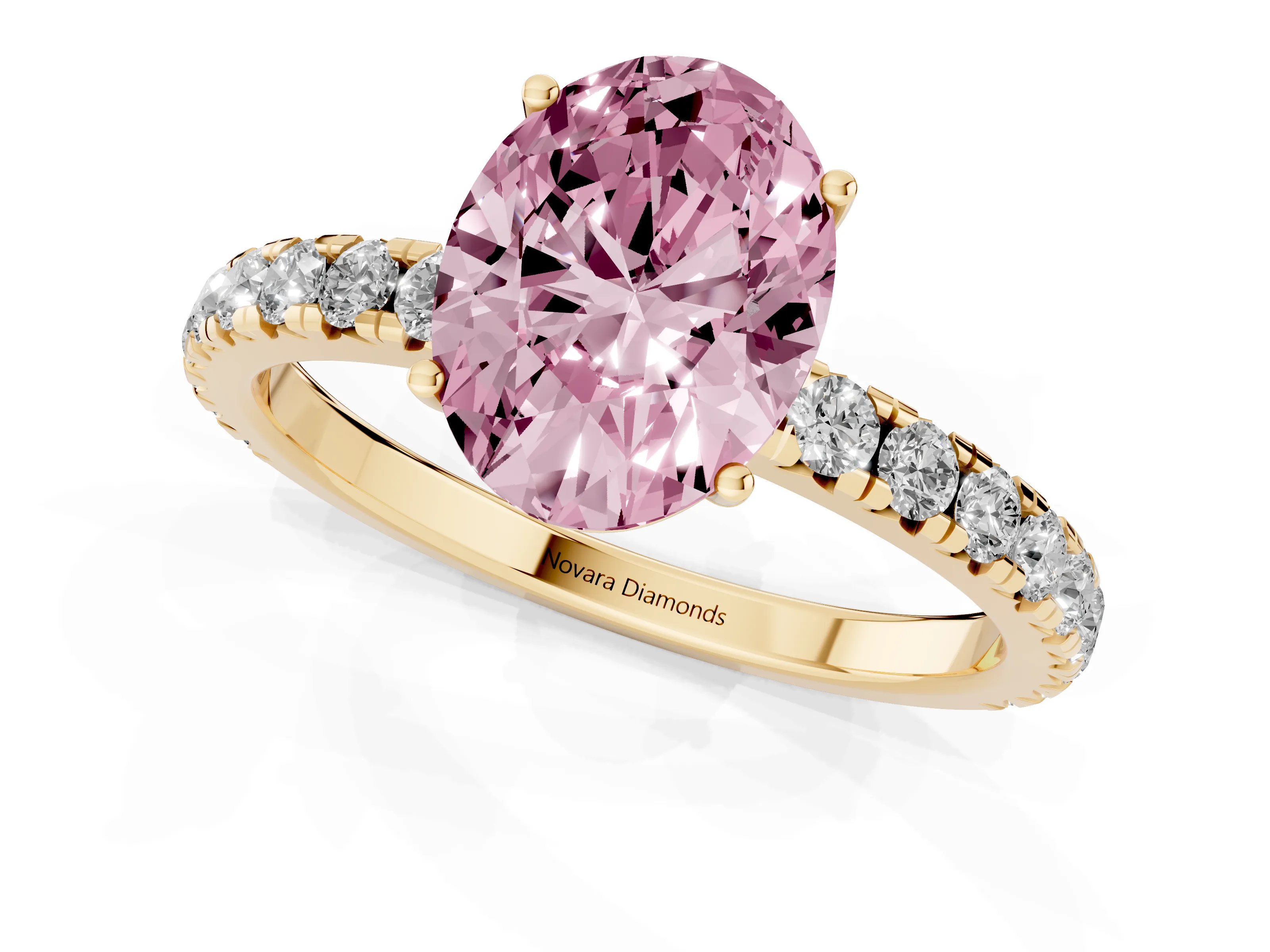 Fancy Pink Oval Cut Diamond Pavé Solitaire Engagement Ring Set in Yellow gold with Prong Setting