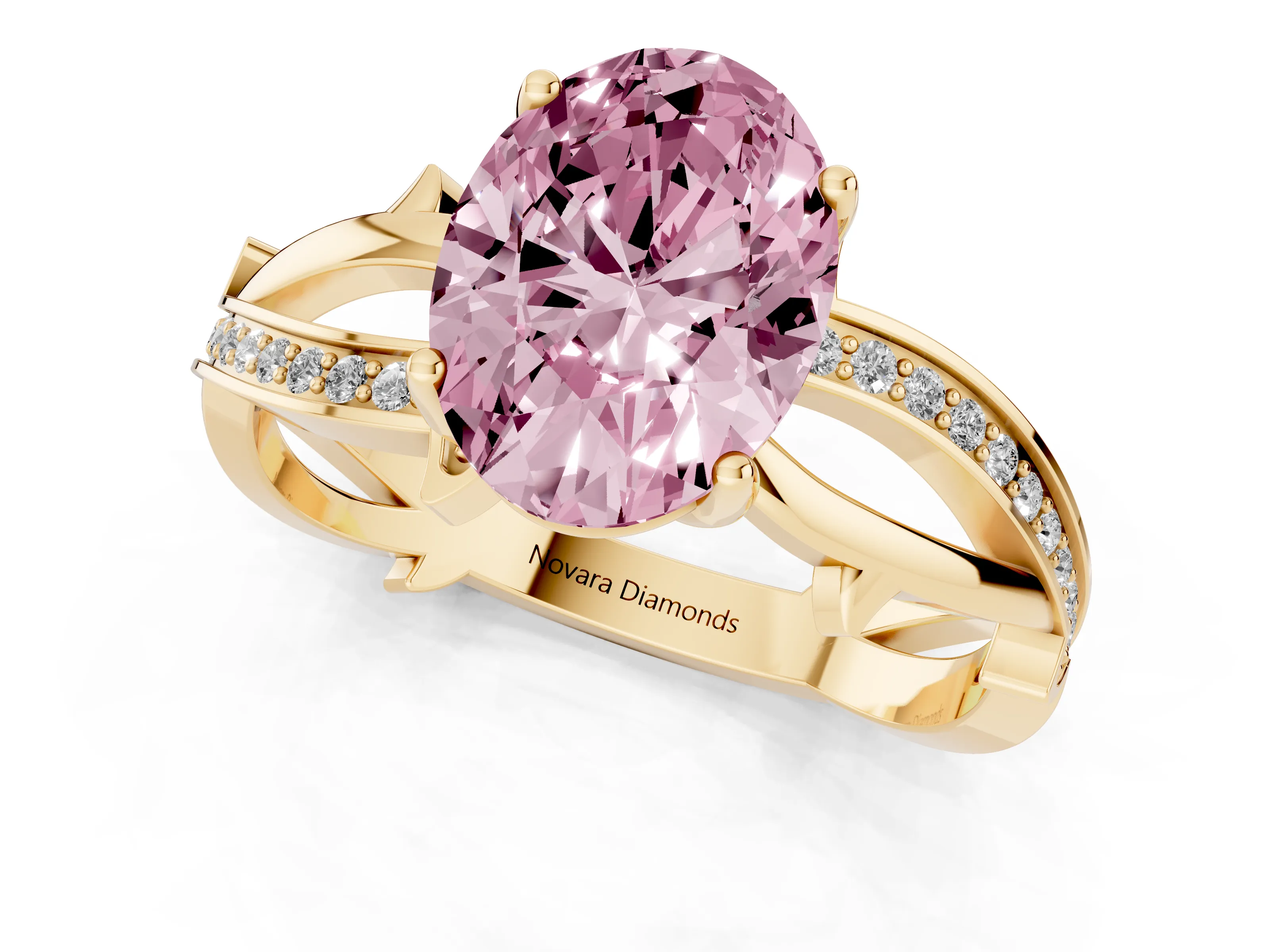 Fancy Pink Oval Cut Diamond Pavé Twist Band Solitaire Ring Set in Yellow gold with Prong Setting