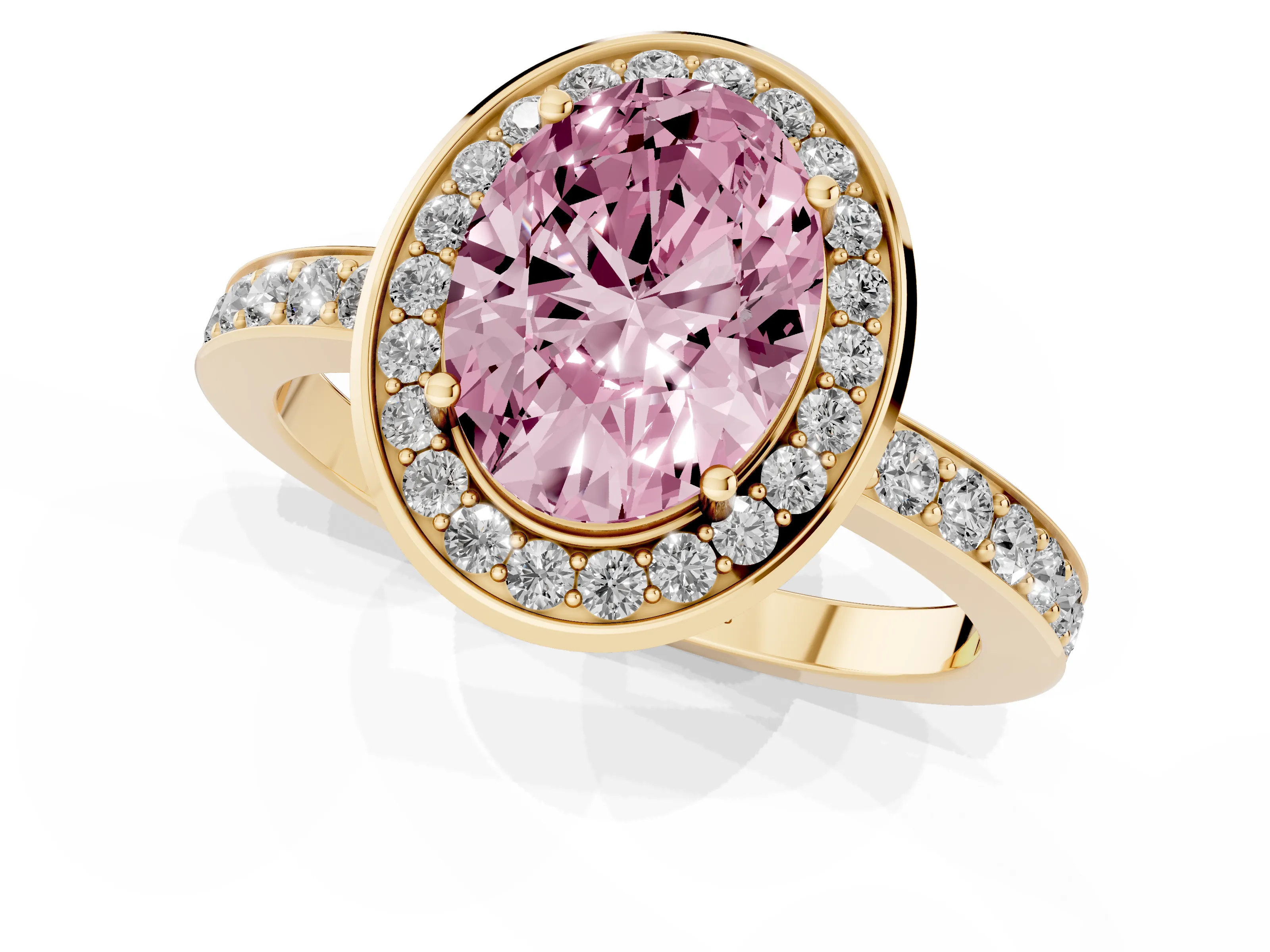 Fancy Pink Oval Cut Diamond Halo Ring Set in Yellow gold with Bezel Frame and Pavé Band