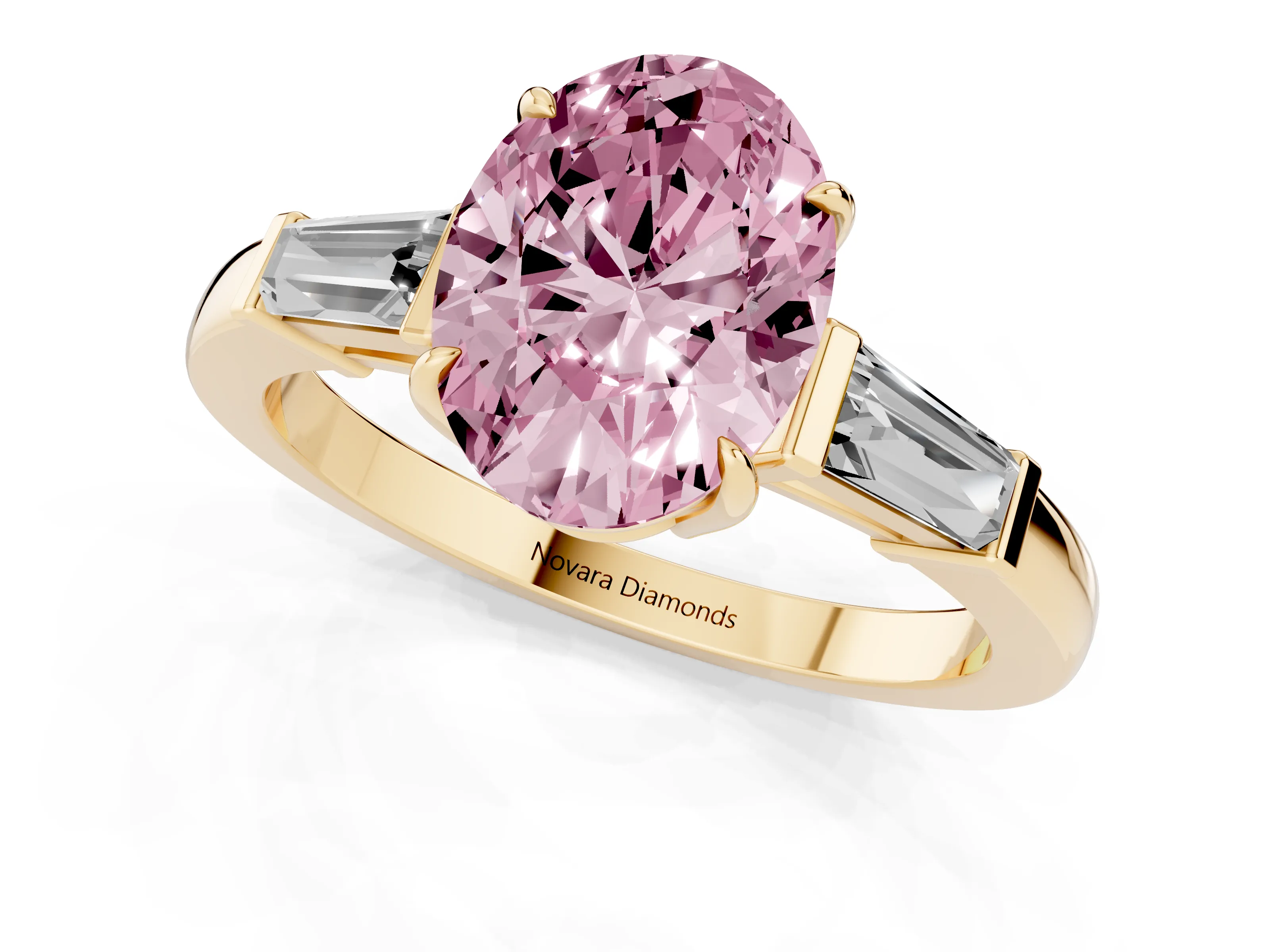 Fancy Pink Oval Cut Diamond Three-Stone Ring Set in Yellow gold with Tapered Baguette Side Stones and Prong Setting