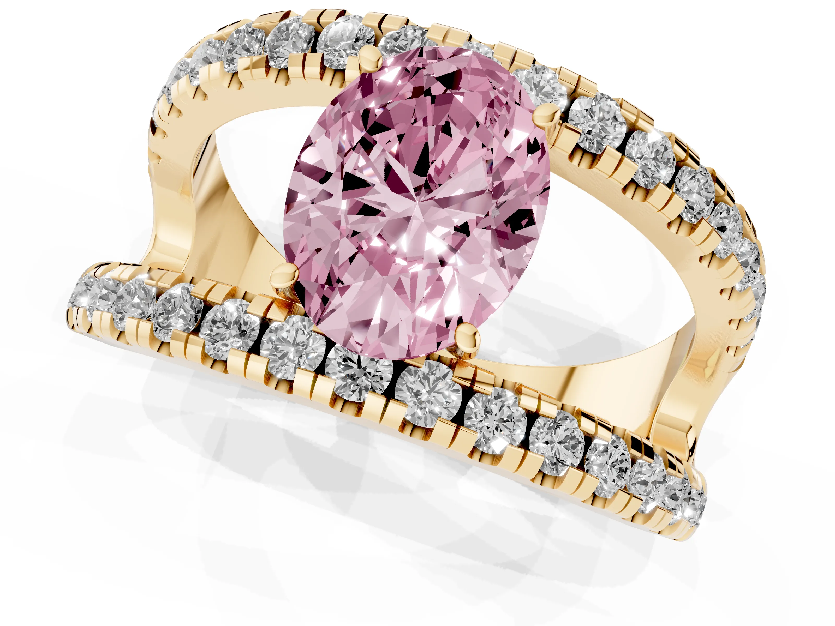 Fancy Pink Oval Cut Diamond Split Shank Pavé Solitaire Ring Set in Yellow gold with Open Shank Design