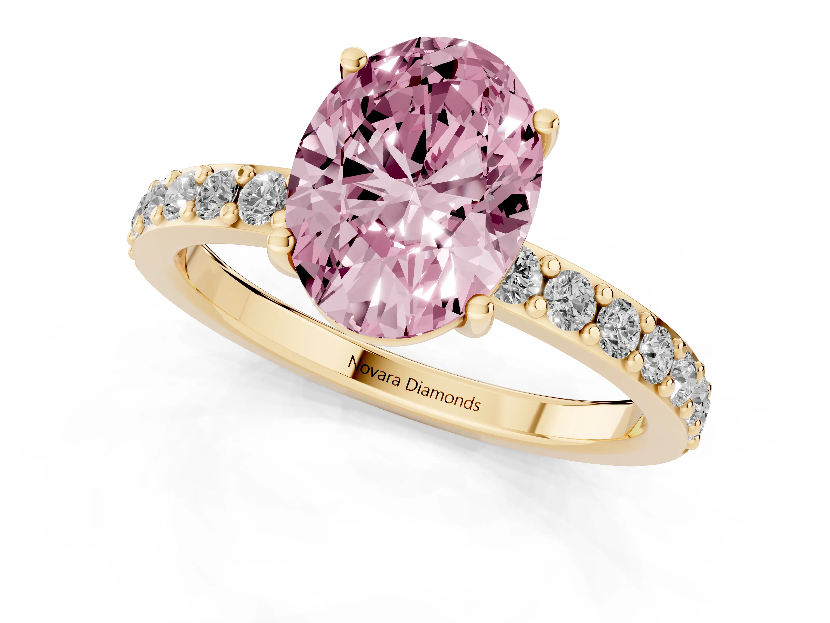 Fancy Pink Oval Cut Diamond Solitaire Set in Yellow gold with Round Pavé Band and Prong Setting