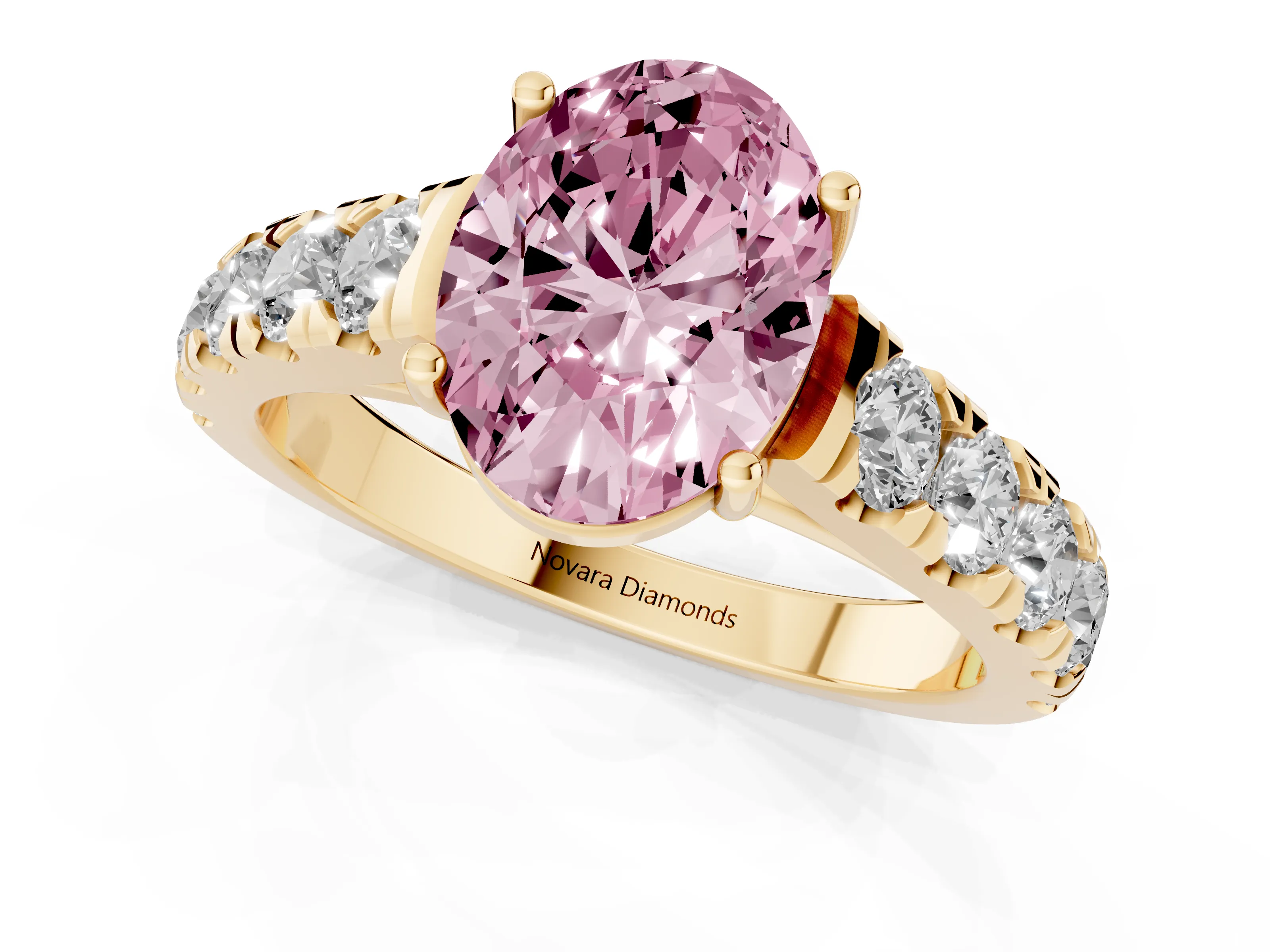Fancy Pink Oval Cut Diamond Solitaire Ring Set in Yellow gold with Cut-Down Micro Pavé Band and Prong Setting