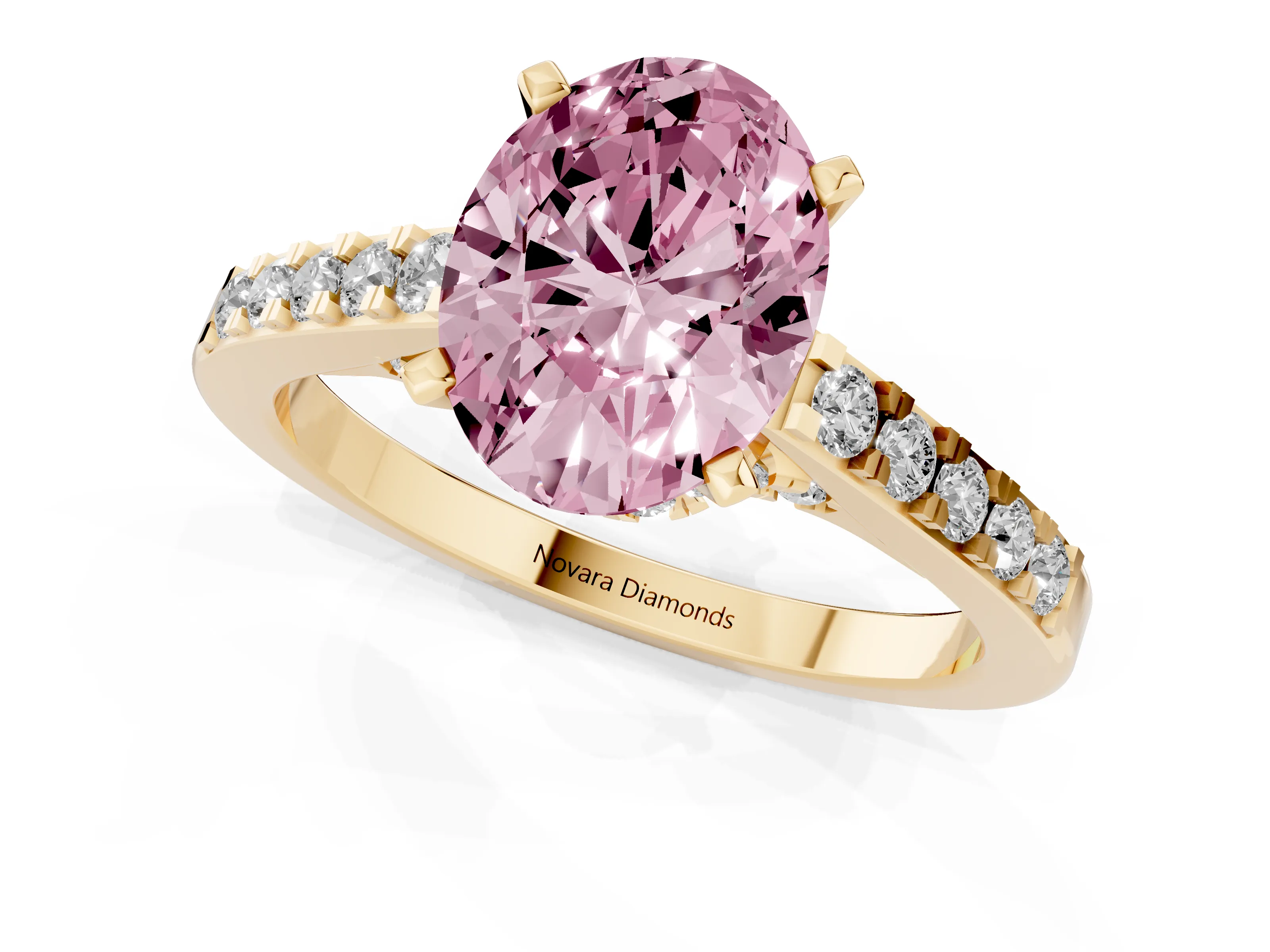 Fancy Pink Oval Cut Diamond Solitaire Ring Set in Yellow gold with Crossover Gallery and Round Pavé Band