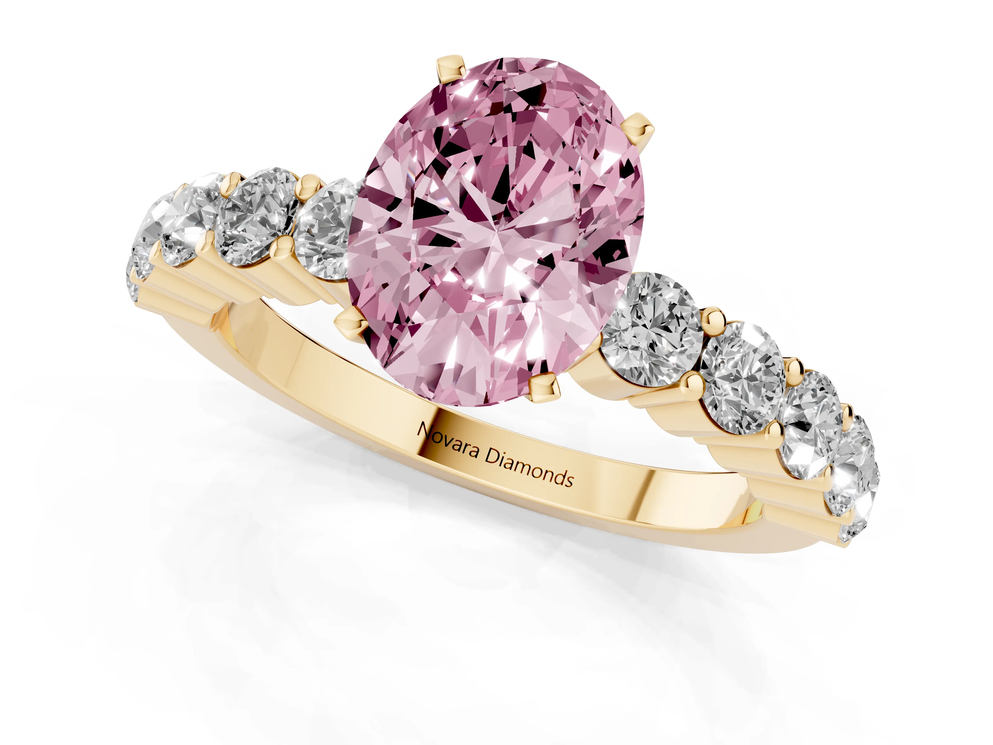 Fancy Pink Oval Cut Diamond Solitaire Ring Set in Yellow gold with Shared Prong Round Side Stones