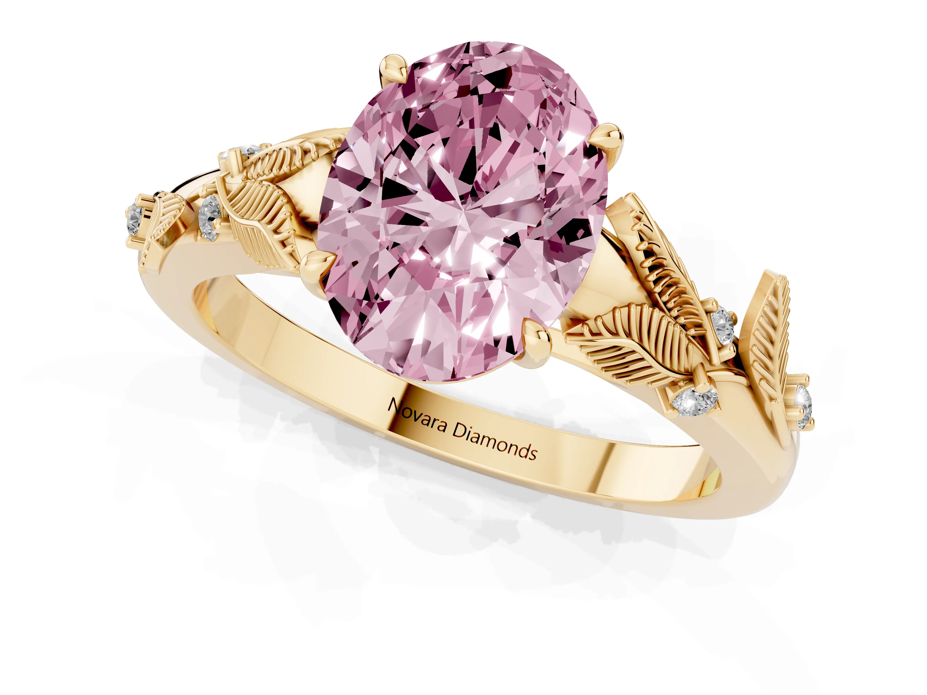 Fancy Pink Oval Cut Diamond Solitaire Ring Set in Yellow gold with Leaf Motif Band