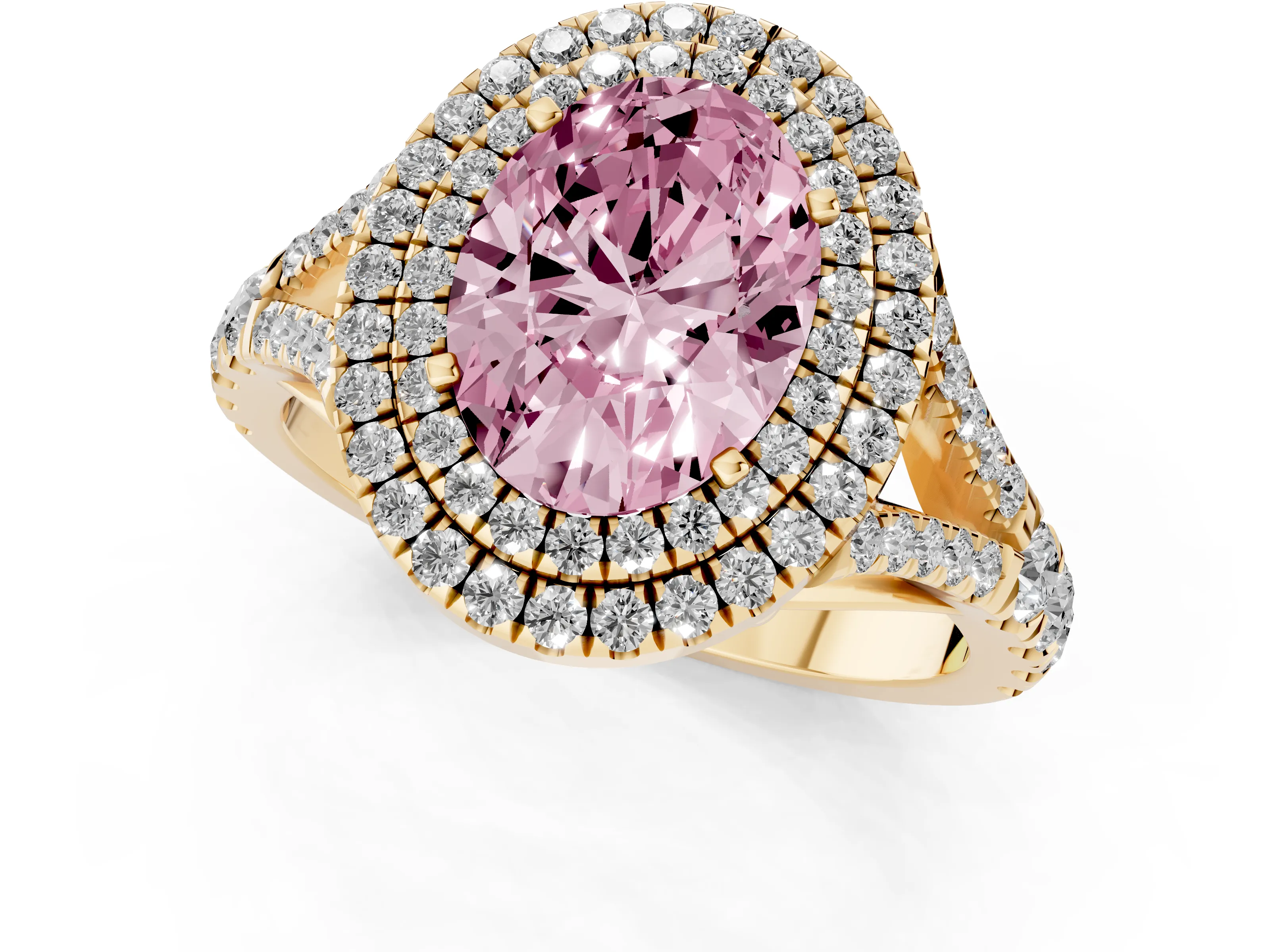 Fancy Pink Oval Cut Diamond Pavé Split Shank Double Halo Engagement Ring Set in Yellow gold