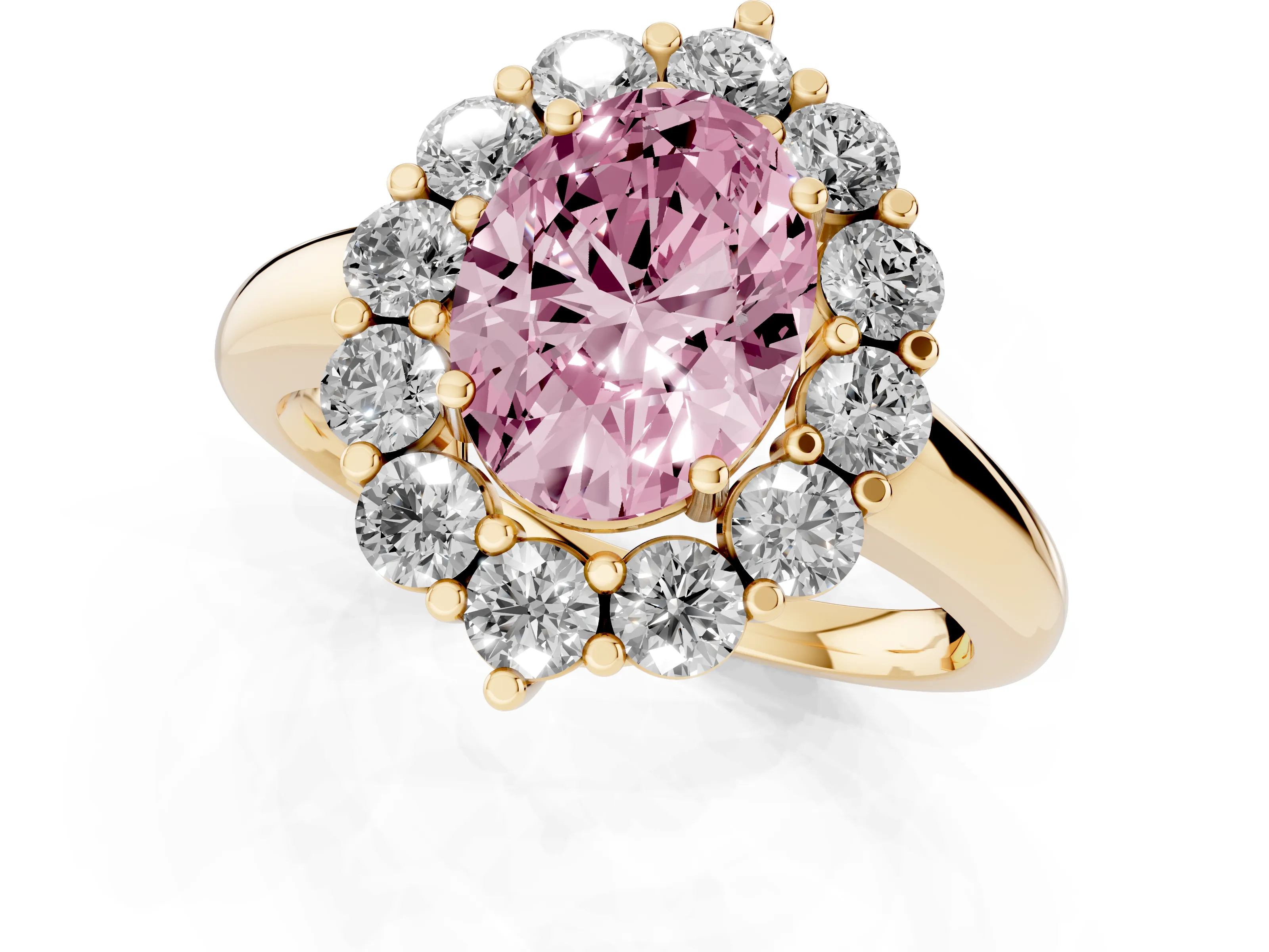 Fancy Pink Oval Cut Diamond Halo Cluster Engagement Ring Set in Yellow gold with Polished Band and Prong Setting