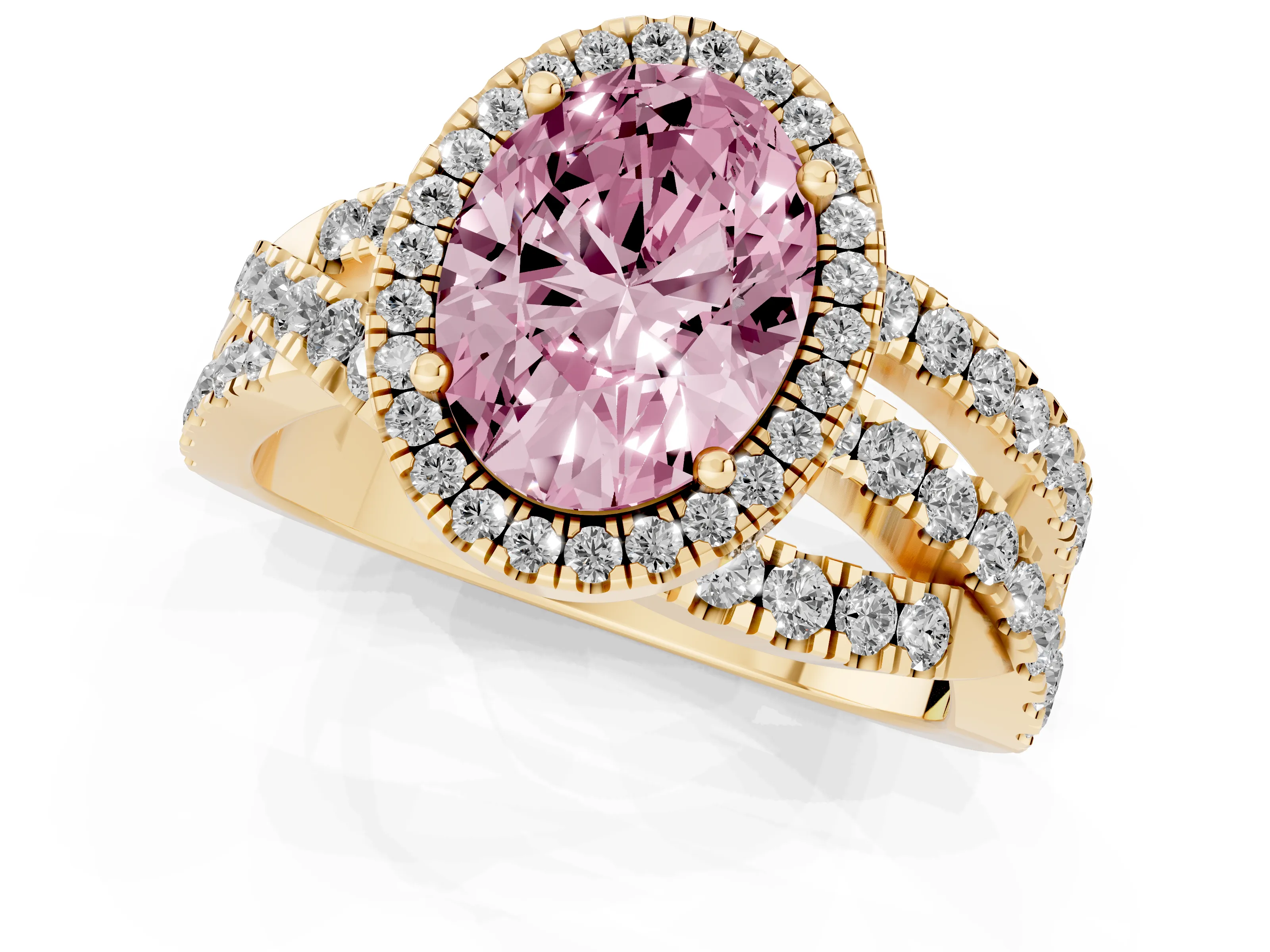 Fancy Pink Oval Cut Diamond Halo Ring Set in Yellow gold with Round Crossover Split Shank and Prong Setting