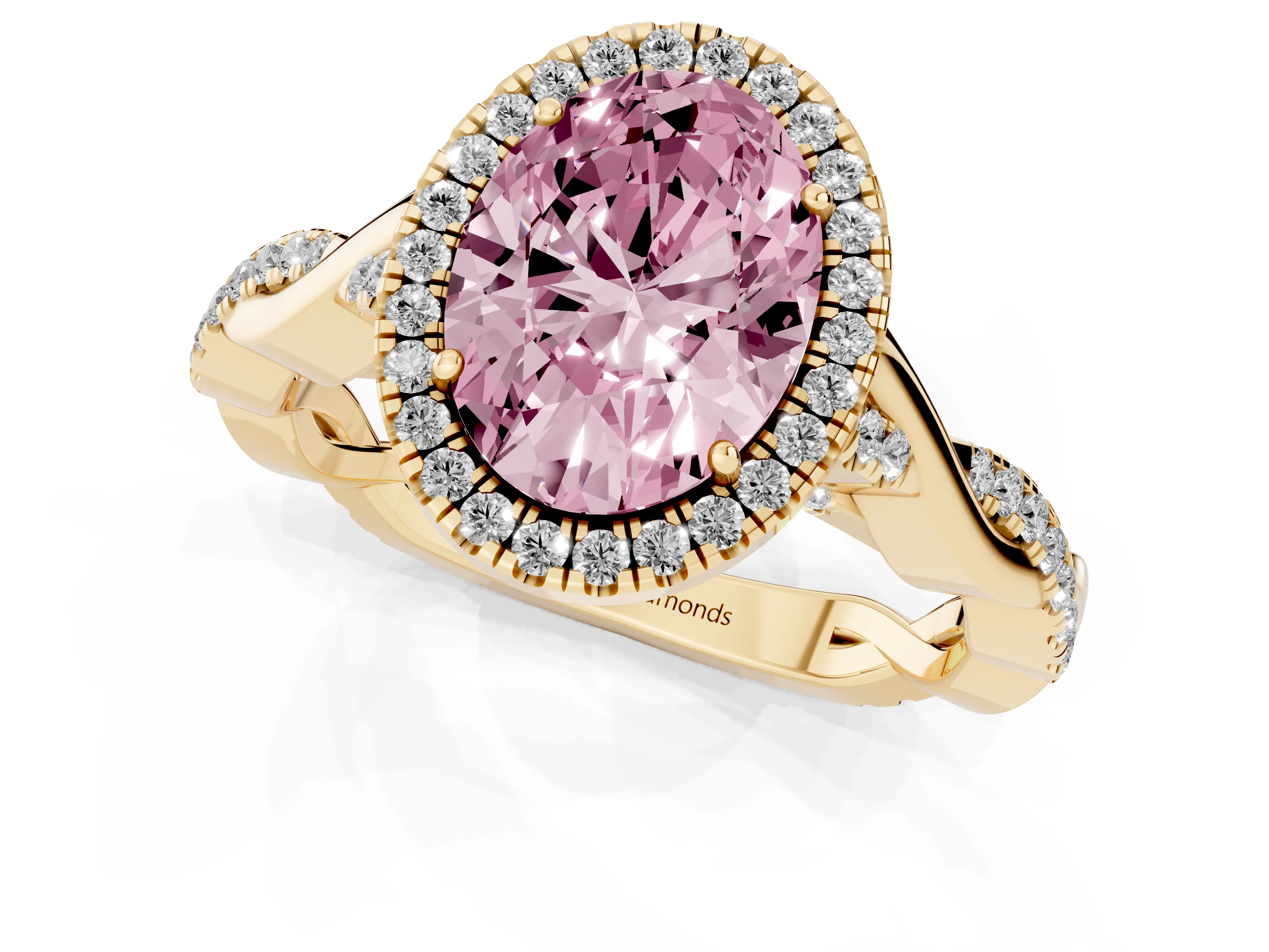 Fancy Pink Oval Cut Diamond Halo Twist Band Solitaire Ring Set in Yellow gold with Prong Setting