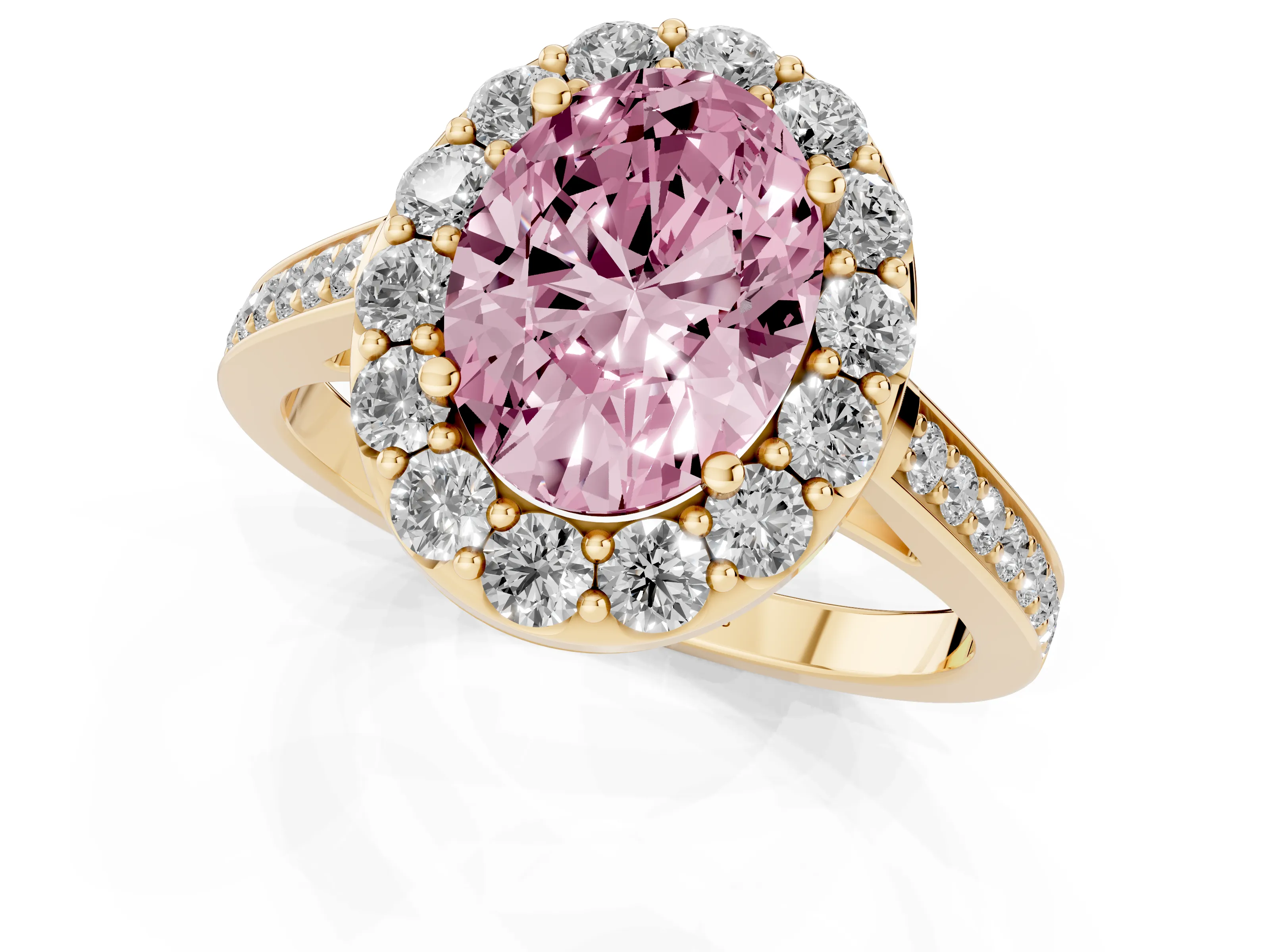 Fancy Pink Oval Cut Diamond Floral Halo Ring Set in Yellow gold with Pavé Band and Prong Setting