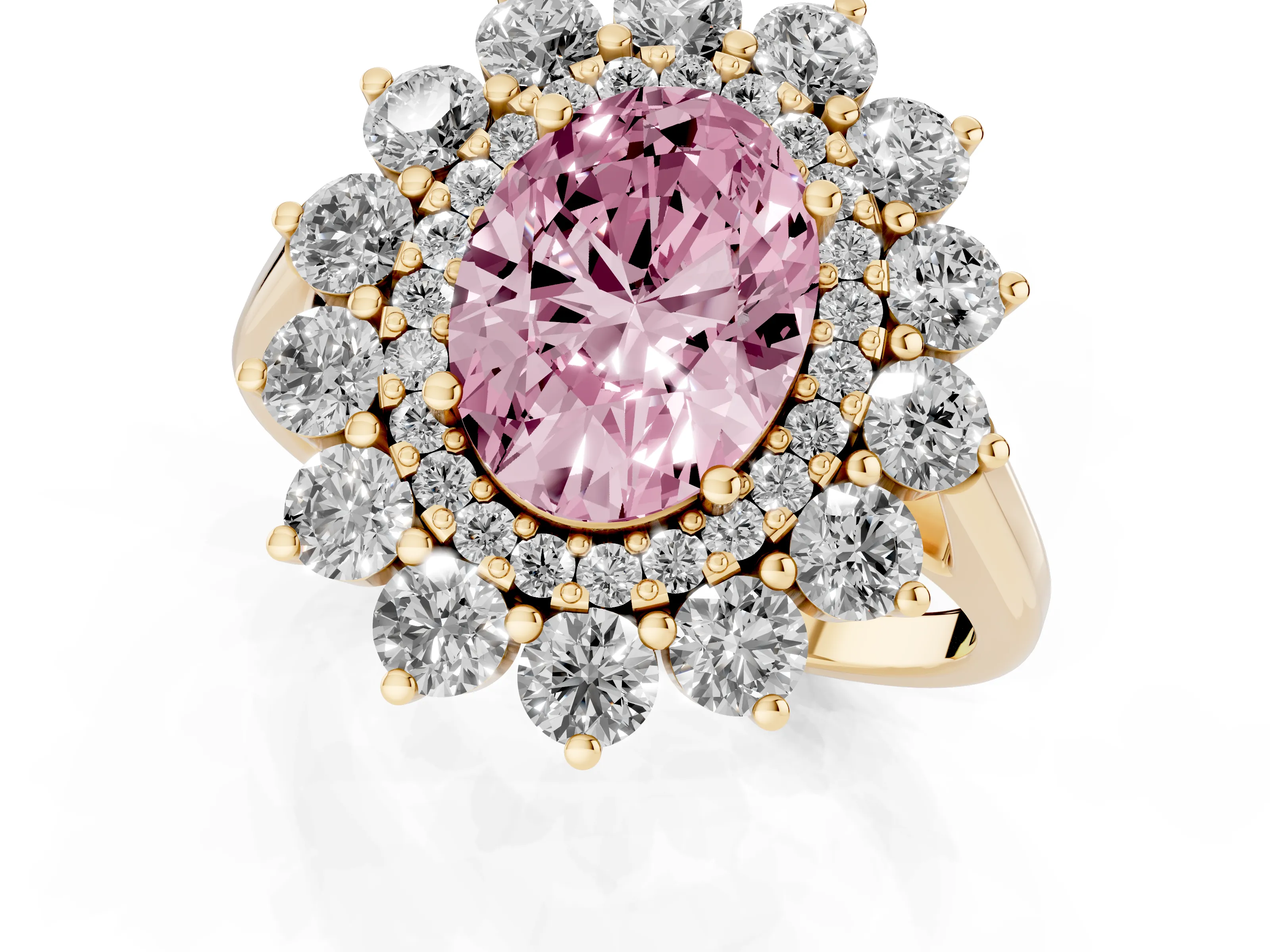 Fancy Pink Oval Cut Diamond Floral Double Halo Ring Set in Yellow gold with Round Petals