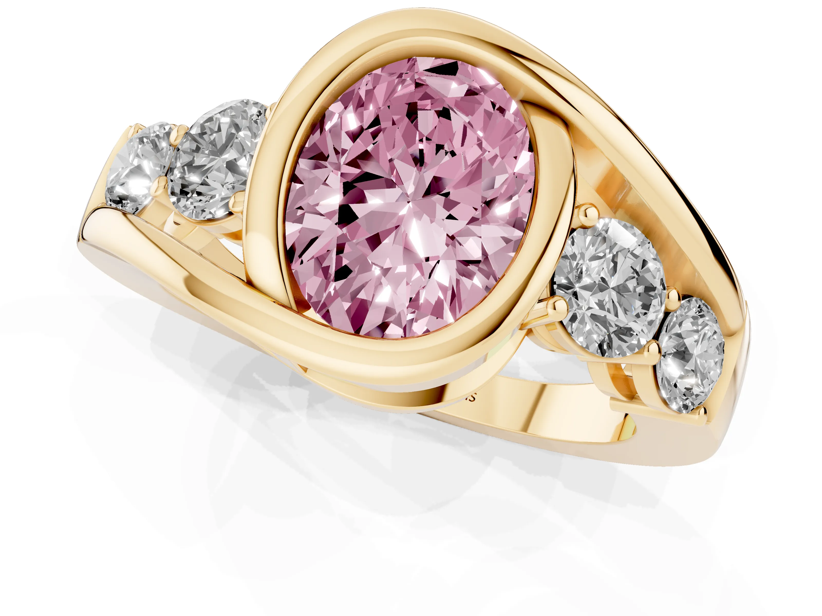 Fancy Pink Oval Cut Diamond Bezel Bypass Ring Set in Yellow gold with Round Accents