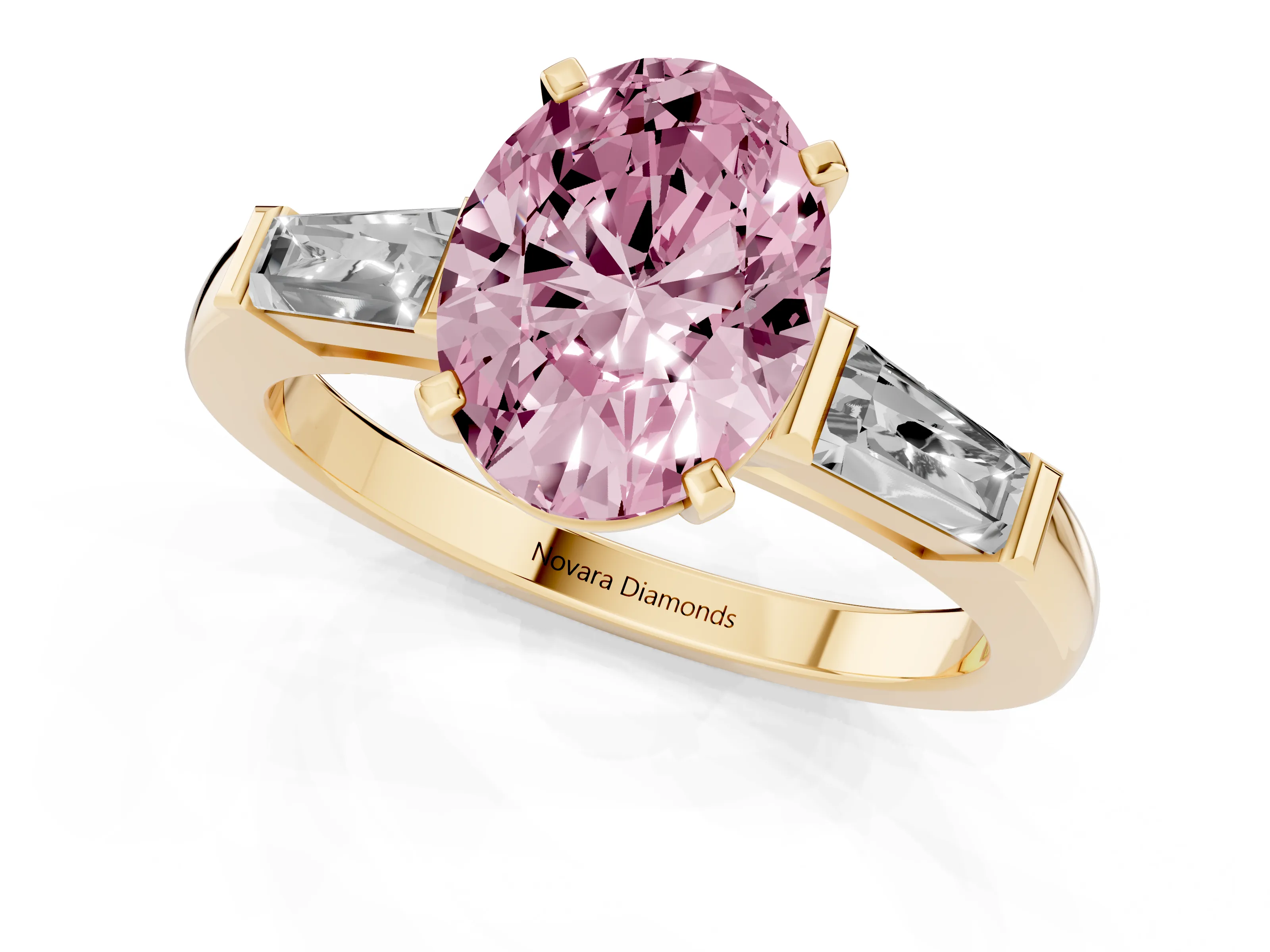 Fancy Pink Oval Cut Diamond Solitaire Ring Set in Yellow gold with Tapered Baguette Side Stones and Prong Setting